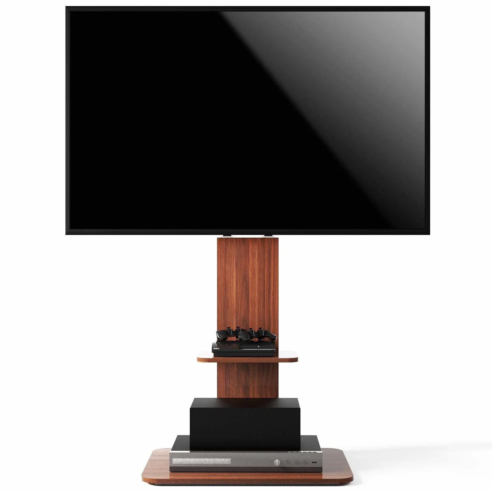 UNHO Supporto TV da Pavimento: Porta TV da Terra per Schermo 32-65 Pollici LED LCD Piedistallo TV con Staffa, 2 Ripiani in legno, Max VESA 600x400 mm, Fino a 40 kg