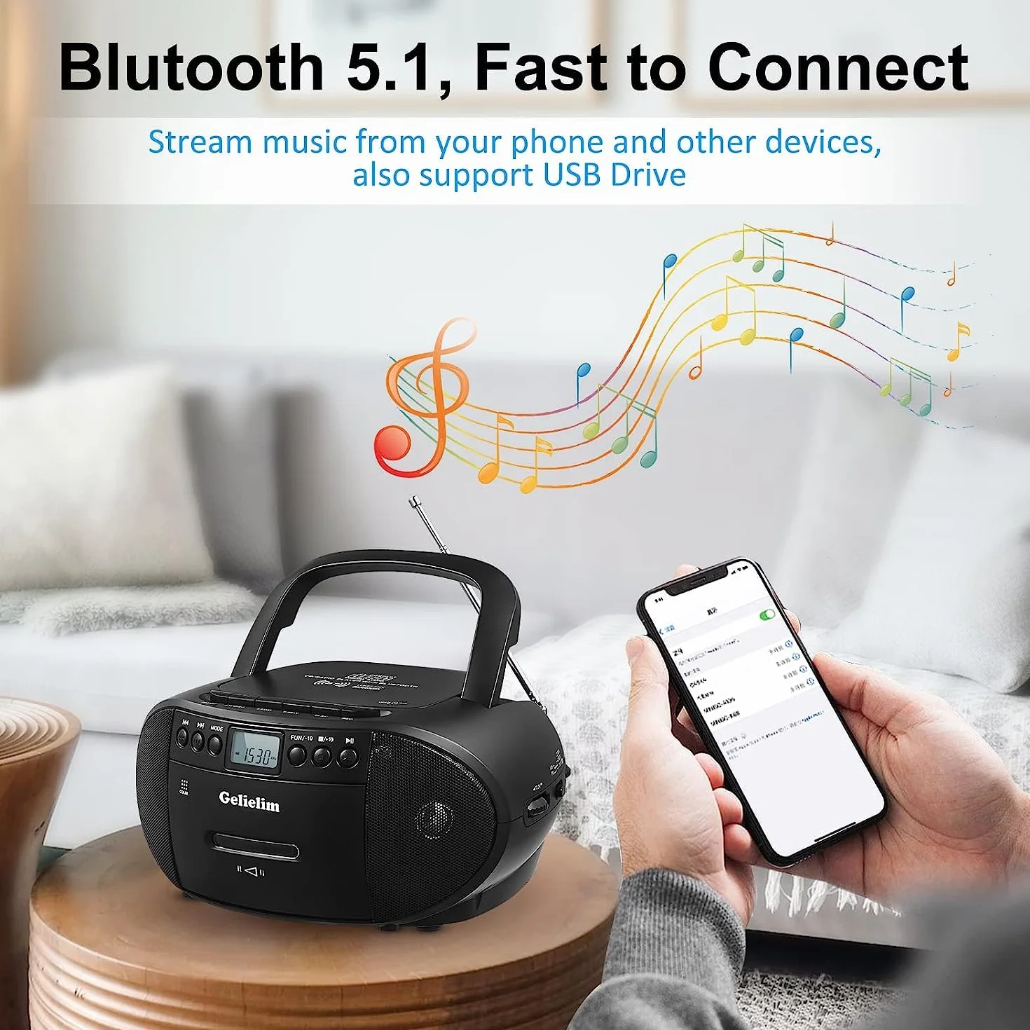 G Keni CD portatile e lettore cassette Boombox Combo, registratore cassette con telecomando, radio AM/FM, riproduzione USB, jack cuffie, alimentato batteria/rete