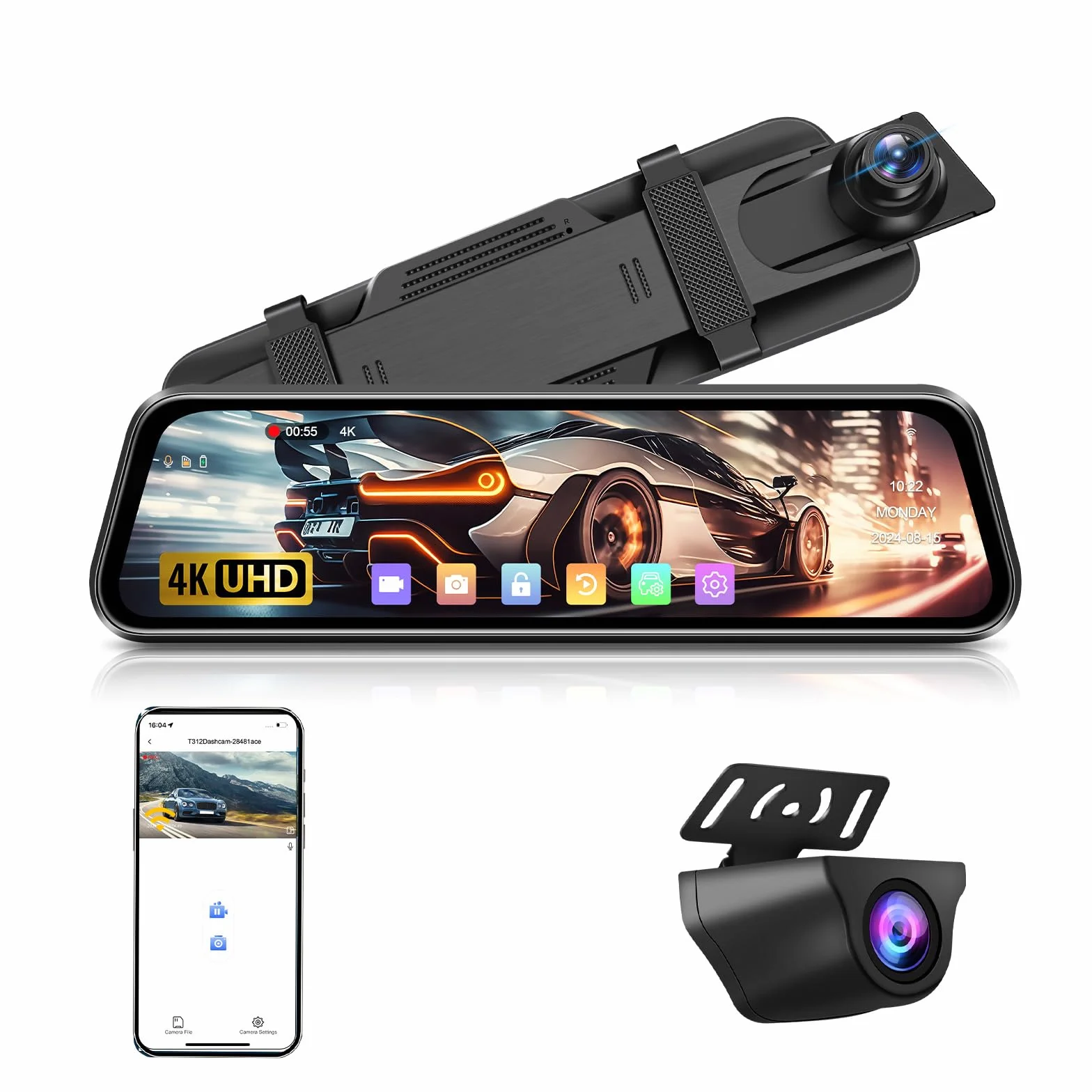4K Dash Cam Specchietto WiFi 10'' IPS Schermo Tattile Specchietto Retrovisore Auto con Telecamera Scheda Dash Cam Auto Specchietto Assistenza al Parcheggio con WDR Sensore G Registrazione Loop