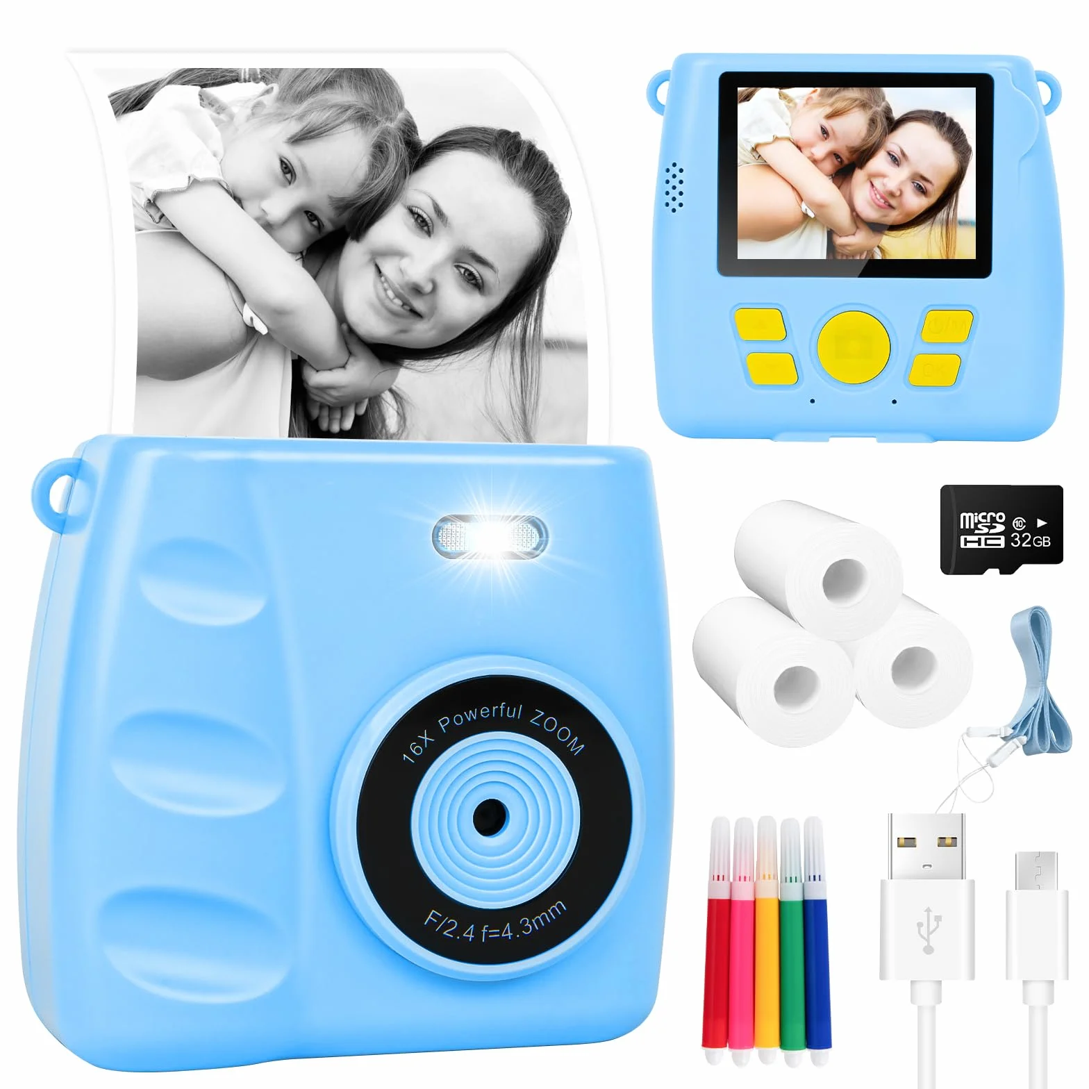 Fotocamera per bambini a stampa istantanea – Fotocamera istantanea 1080P da 6,1 cm, con scheda da 32 G e 3 rotoli di carta fotografica, fotocamera digitale per bambini, giocattoli di Natale e