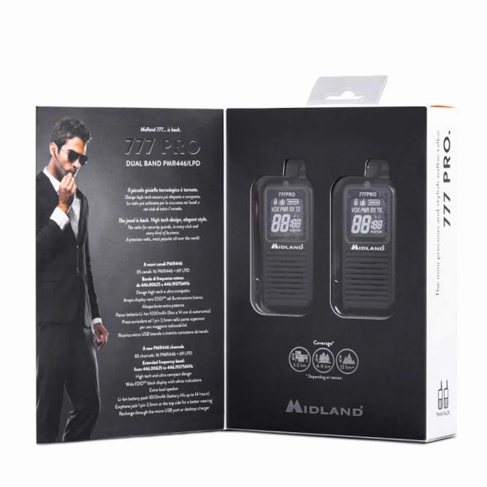 Midland - Walkie Talkie 777 Pro, 2 Ricetrasmittenti Professionali per Security, 85 Canali - 16 PMR446/69 LPD, 38 CTCSS e 104 DCS, Autonomia 14H, Copertura 6Km, Display Digitale, Batterie Ricaricabili