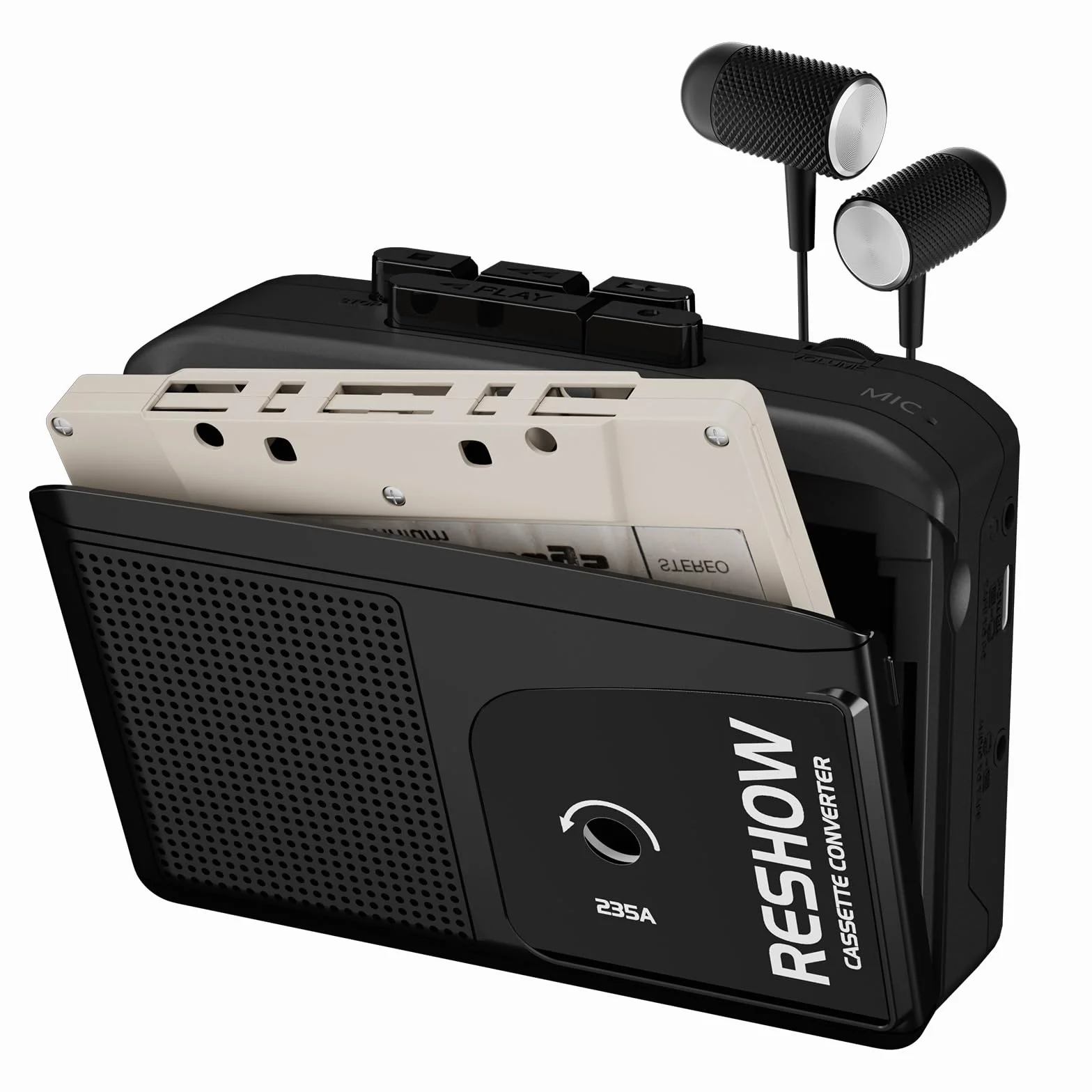 Reshow Registratore a cassette portatile con microfono integrato e altoparlante convertitore USB MP3 nero