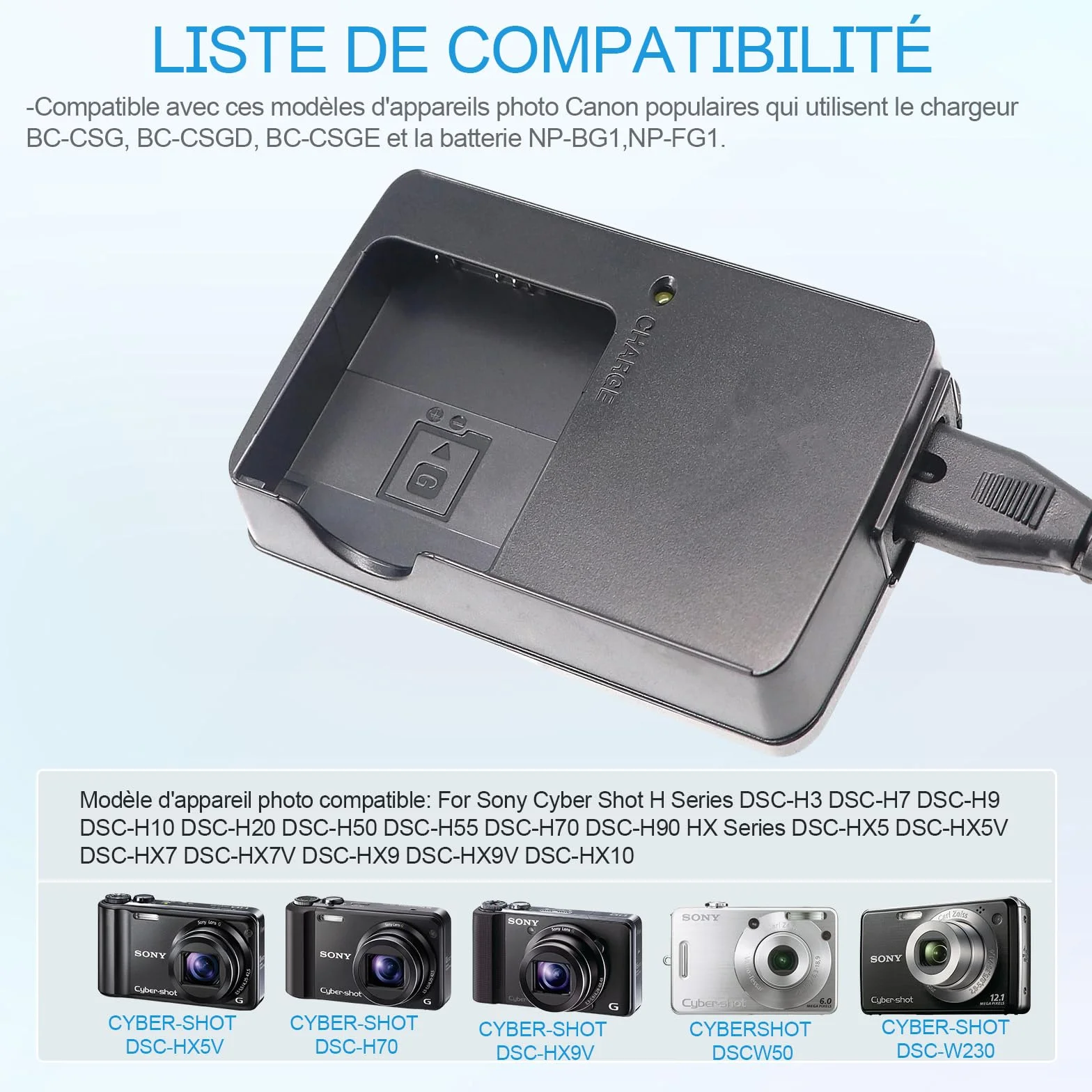 BC-CSGB NP-BG1 NP-FG1 Caricabatterie compatibile con Sony Cybershot DSC-HX5V,DSC-HX9V,DSC-W30,DSC-W35,DSC-W50,DSC-W55,DSC-W70,DSC-W80,DSC-H10,H20,H50,H55 Fotocamera e 120cm AC Power Cord