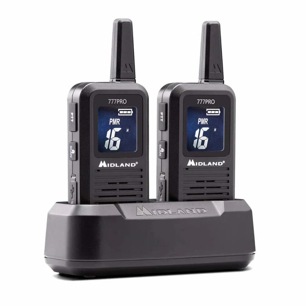 Midland - Walkie Talkie 777 Pro, 2 Ricetrasmittenti Professionali per Security, 85 Canali - 16 PMR446/69 LPD, 38 CTCSS e 104 DCS, Autonomia 14H, Copertura 6Km, Display Digitale, Batterie Ricaricabili