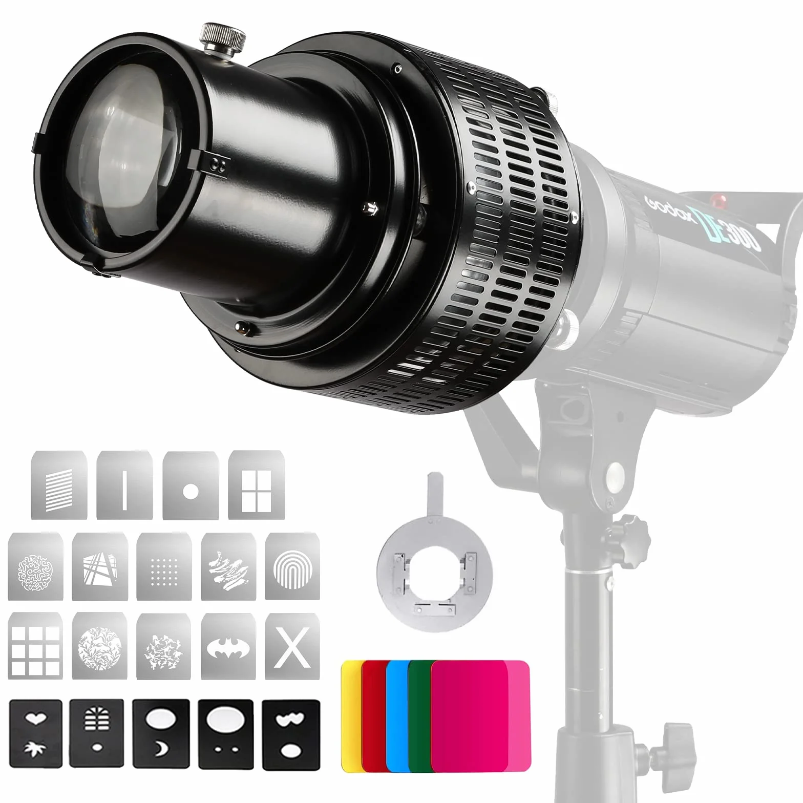 Soonpho Cilindro focalizzatore ottico con supporto Bowens per fotografia,lega di alluminio,proiettore GOBO Bowens con 5 filtri a colori e 19 Gobos per luce LED Monolight,Spotlight