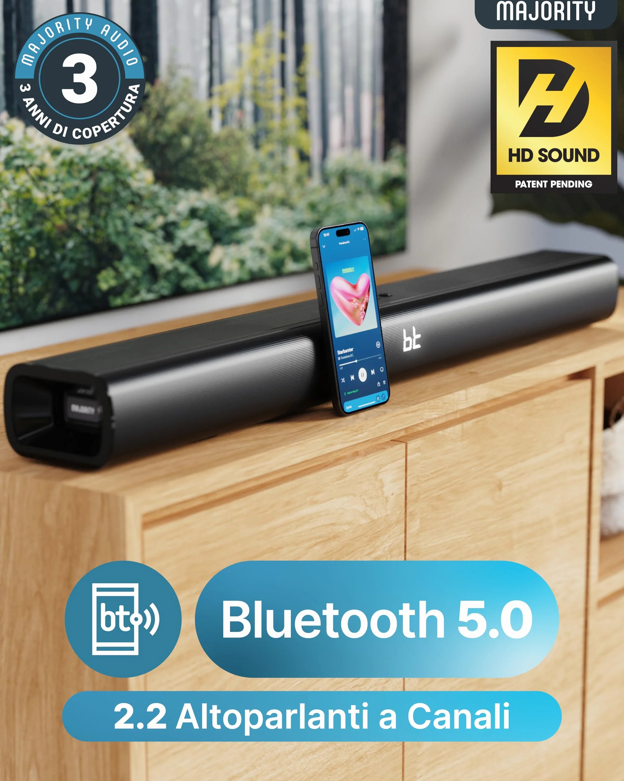 Majority Naga 80 Soundbar Bluetooth per TV | Barra Audio 2.2 Canali 140W con Subwoofer Integrato | HDMI ARC, Ottico, AUX, USB | Soundbar per Smart TV con Suono Surround 3D