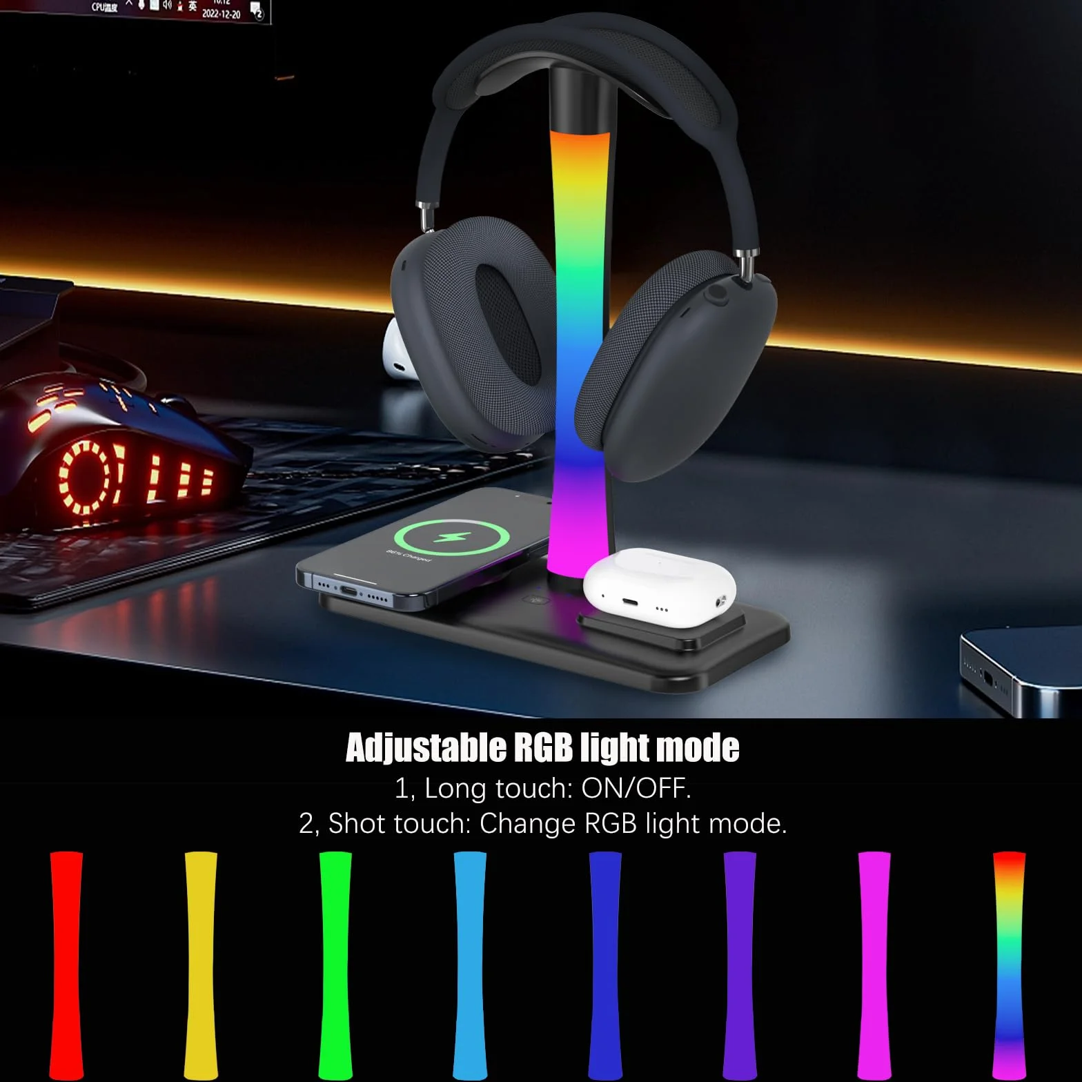 Supporto Per Cuffie con Caricabatterie Wireless,Suppor to Per Cuffie Da Gioco con Luce RGB,Supporto Per Airpod Max Compatibile con Airpod Pro/3/2,iPhone 16/15/14/13/12/11,Regali per Uomini Do (Nero)