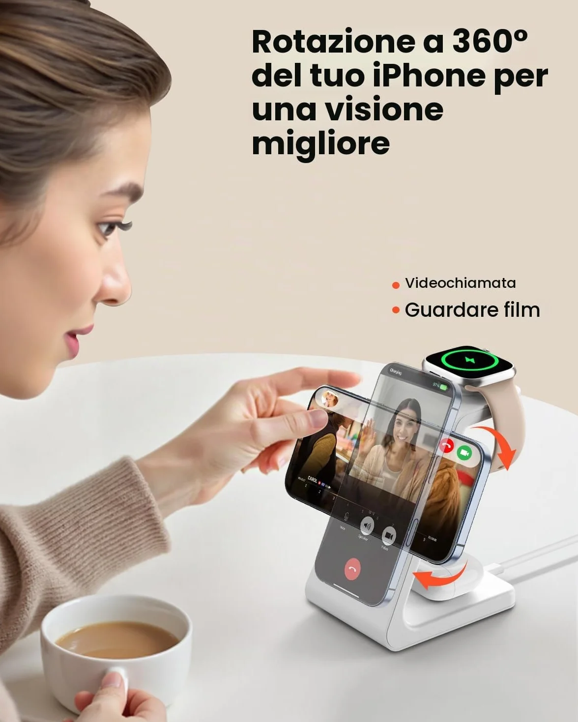 GEEKERA Certificato Stazione Ricarica per Apple, Caricatore Wireless Rapido 15W compatibile con Mag-Safe per iPhone Air/17-12, Stand Ricarica per Apple Watch, Base Carica per AirPods, Bianco e Grigio