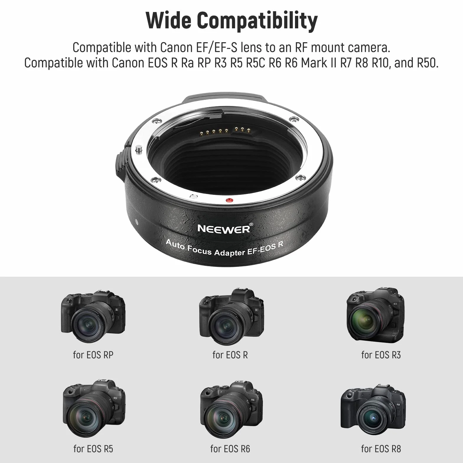 NEEWER Adattatore da EFa EOS R,Anello Convertitore Obiettivo EF/EF-S a Fotocamera con Attacco RF,Autofocus,Compatibile con Canon EOS R Ra RP R6 Mark II R6 R5 R3 R7 R10 R8 R50,Max:4,4lb/2kg,NW-EF-EOSR