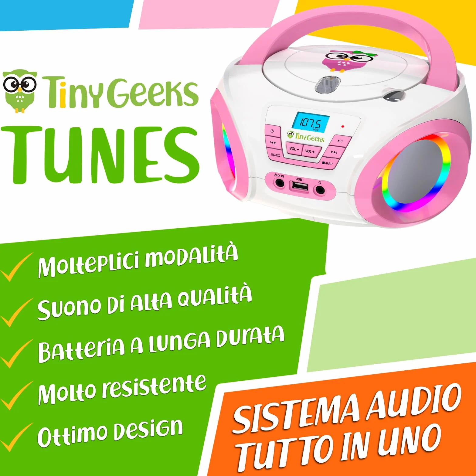 TinyGeeks Tunes CD PLAYER BAMBINI - NUOVO - Radio FM - Batterie incluse - LETTORE CD BAMBINI con altoparlanti - Regalo perfetto - Rosa