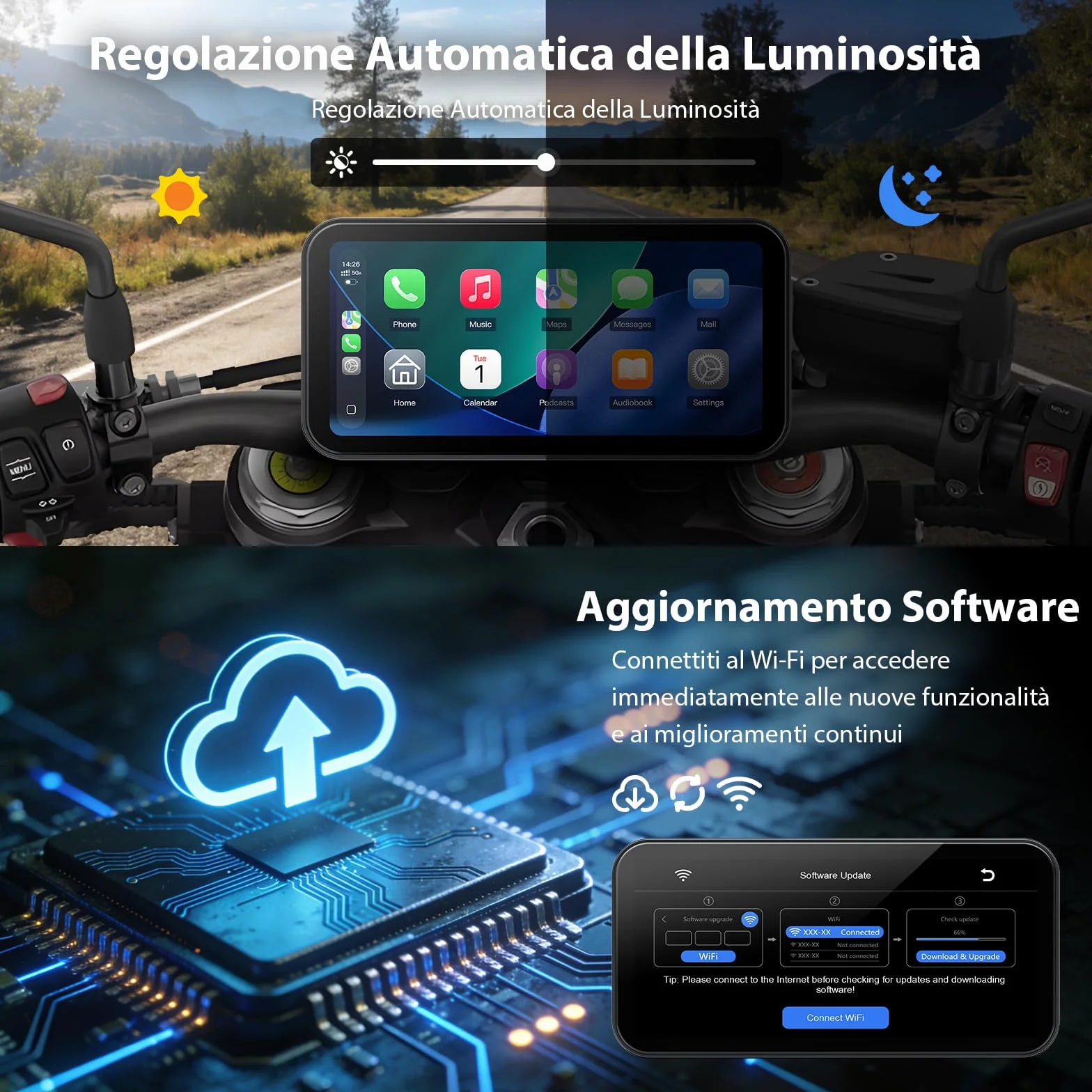A622 CarPlay Moto Schermo 6,25 Pollici, CarPlay e Android Auto Wireless, Sistema di Monitoraggio Pressione Pneumatici (TPMS), Impermeabilità IP67, Doppio Bluetooth, GPS, Alimentazione USB/ACC