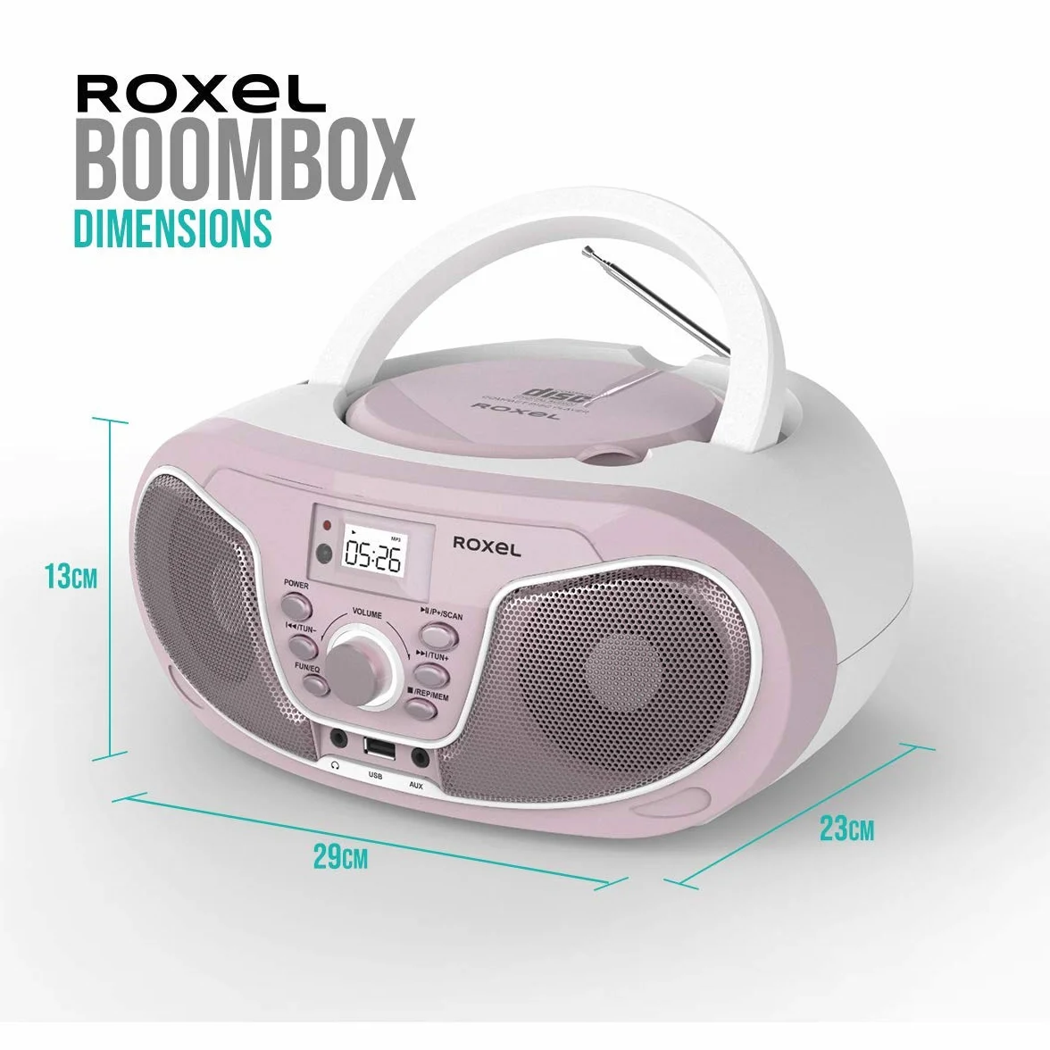Roxel RCD-S70BT Boombox portatile lettore CD con telecomando, radio FM, riproduzione MP3 USB, ingresso AUX da 3,5 mm, jack per cuffie, display a LED, streaming musicale wireless (rosa)
