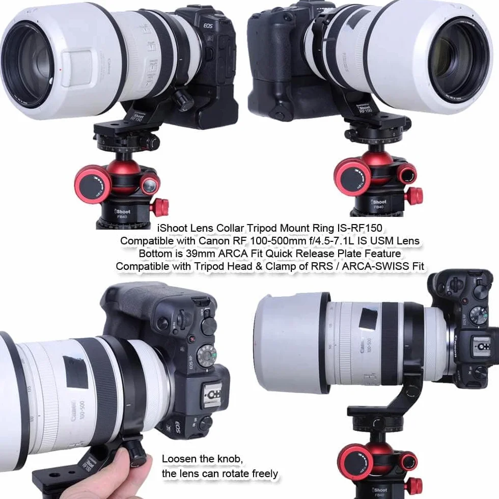 Collare per obiettivo ad anello per treppiede in metallo compatibile con Canon RF 100-500 mm f/4.5-7.1L IS USM, staffa di supporto per obiettivo inferiore è Arca-Swiss Fit Piastra a sgancio rapido