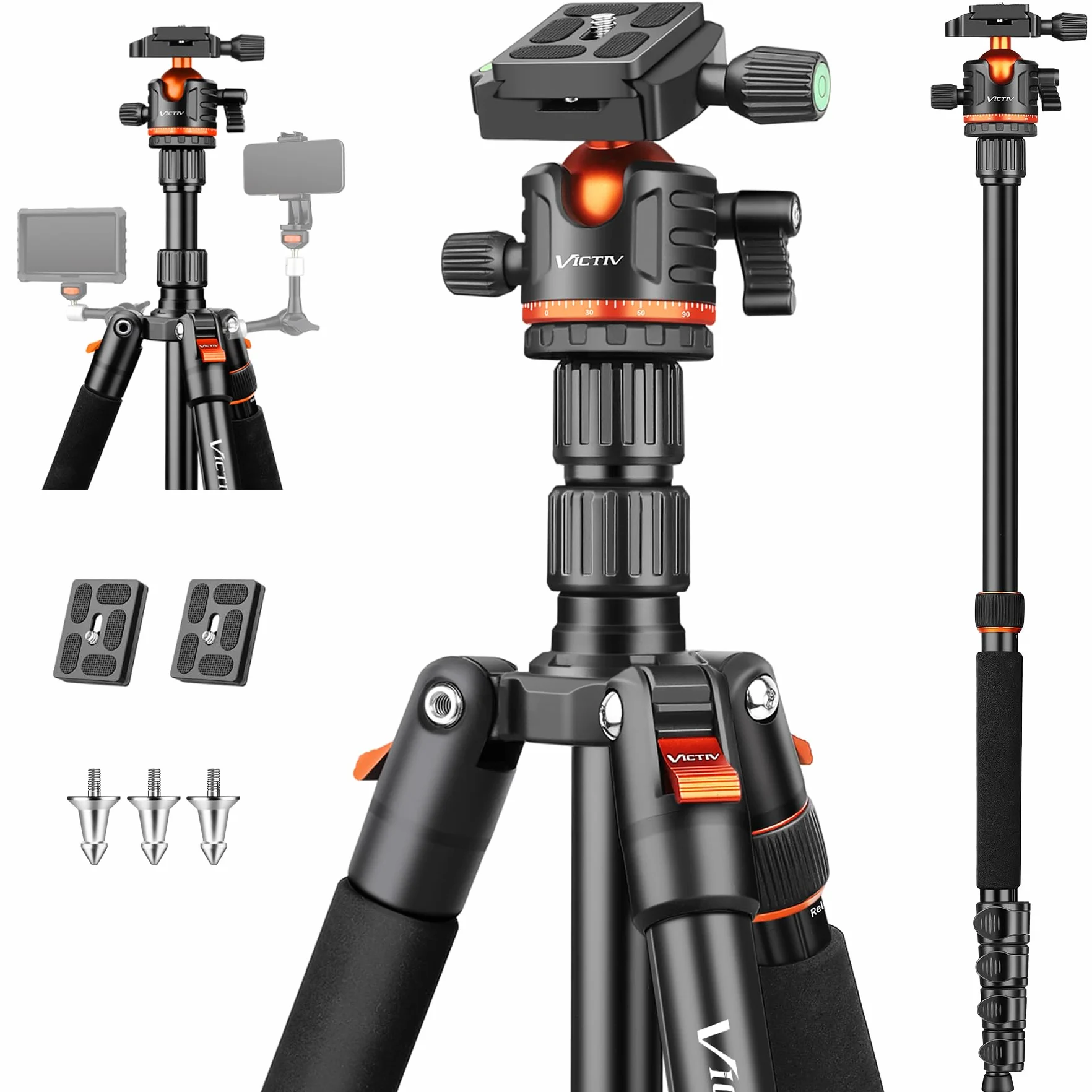 Victiv 78.7"/ 200cm Treppiede Fotocamera, Cavalletto Fotografico da Viaggio Leggero e Compatto in Alluminio, Treppiedi Monopiede per Videocamera Canon Nikon Sony, Treppiede Cavalletto per Smartphone