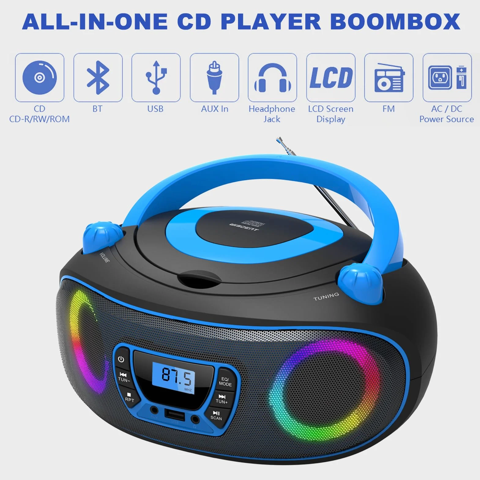 Lettore CD Radio portatile per bambini Boombox, con Bluetooth | Radio FM | USB | MP3 | Compatibile con CD-R/CD-RW, lettore CD radio