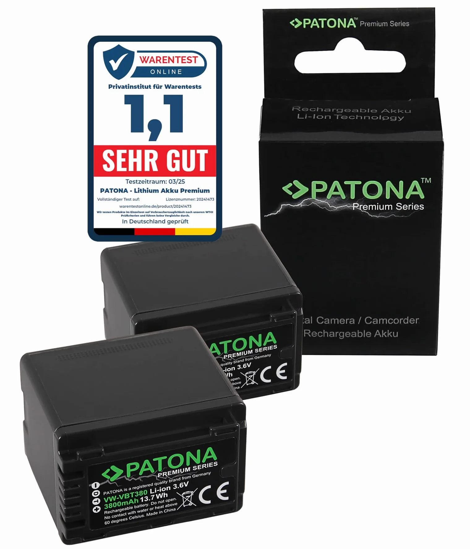 PATONA 2 batterie premium VW-VBT380 3800 mAh compatibili con Panasonic HC V110 V120 V180 V250 V380 V550 V750EB V770EB VX870 HC-VXf11 VXF999 WX979 HDC HS60 SD80. TM60 SDR H85 T50 VBT380 VBT380E