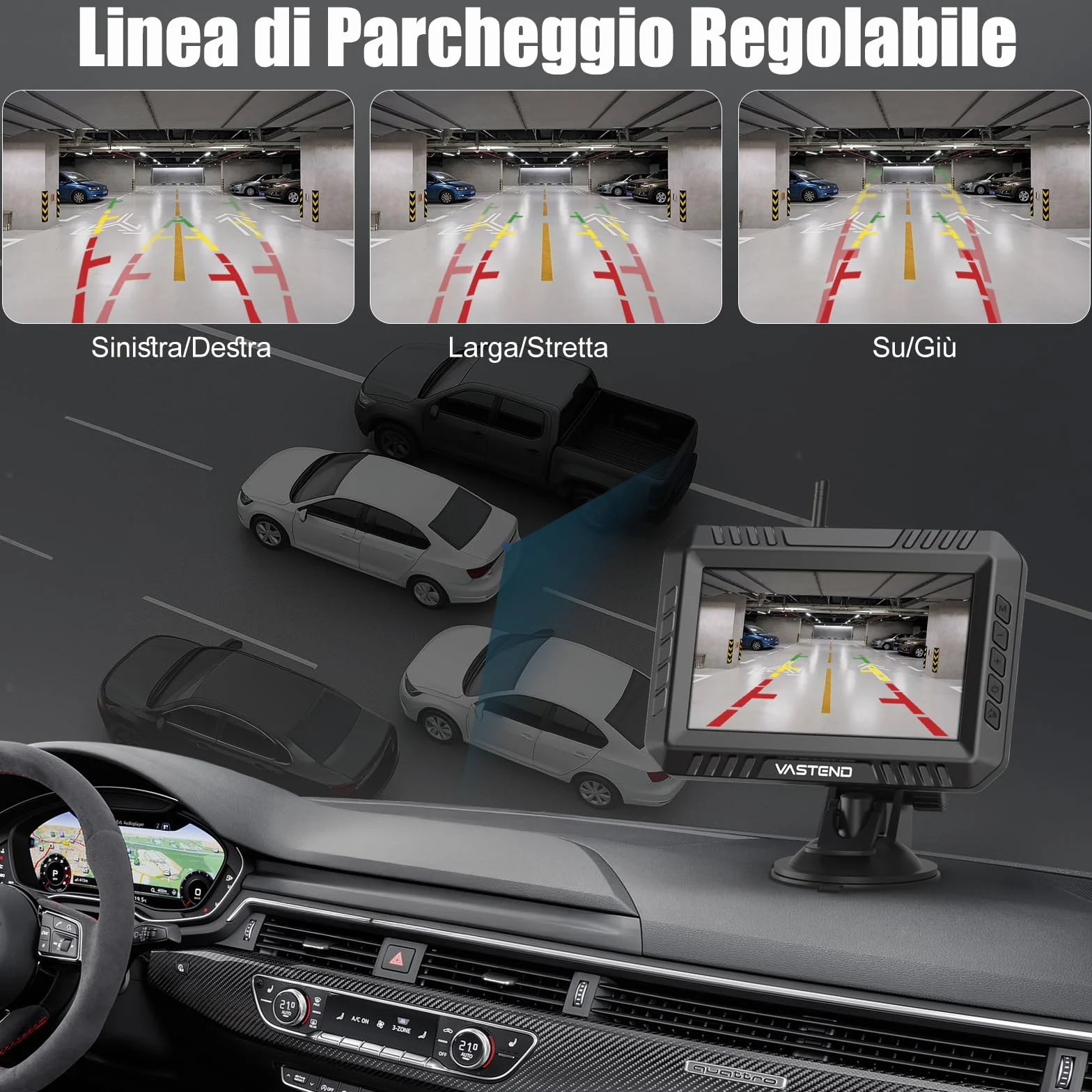 Sistema Wireless Telecamera di Retromarcia con Monitor da 5", 1080P HD, Visione Notturna, Impermeabile IP67, Portata 200m, per Auto, Camion, Furgoni, Camper (VE-5A)