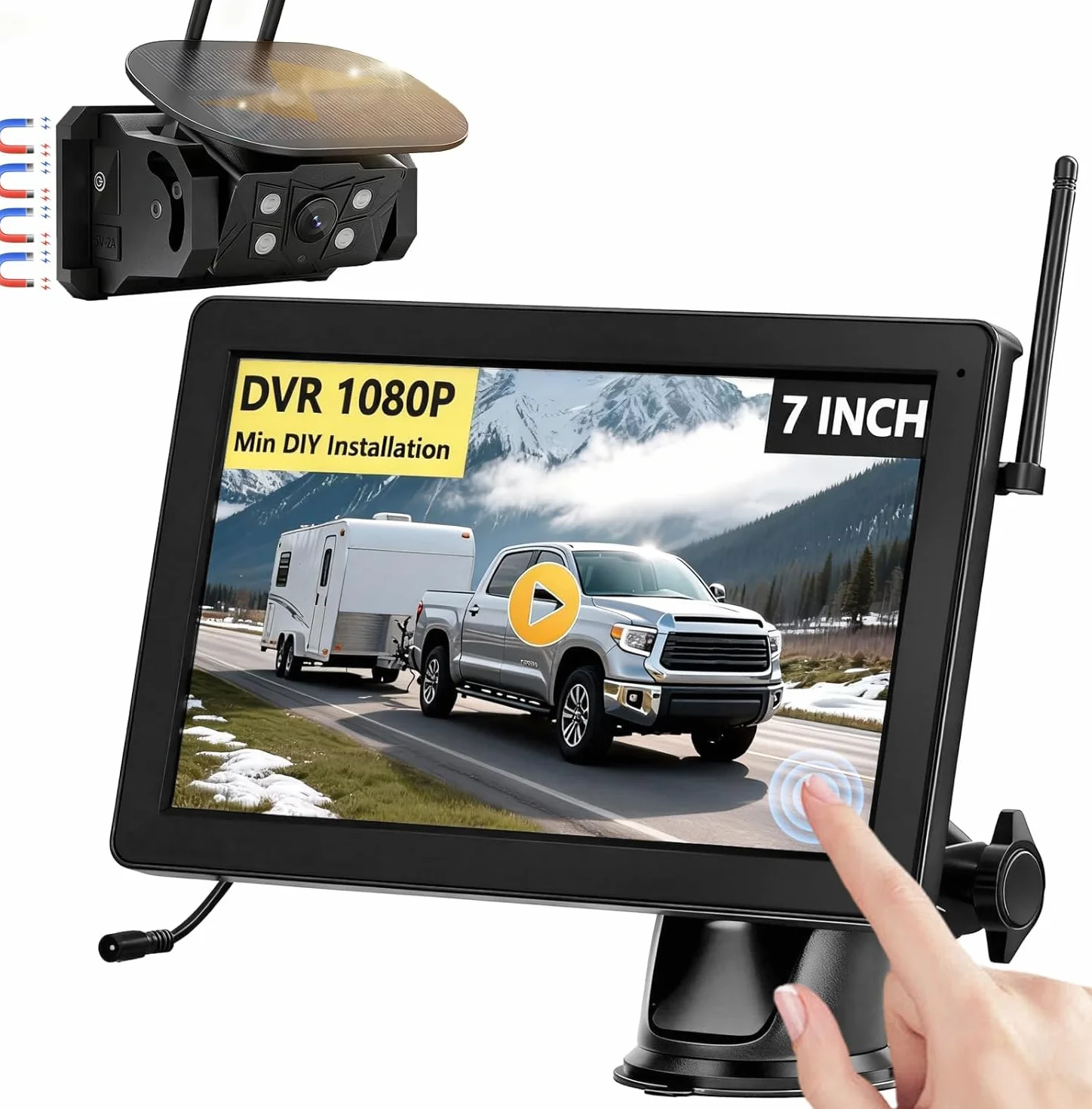 Solare Telecamera Retromarcia Wireless Magnetica, 7 Pollici 1080P Monitor 9600mAh Telecamera Posteriore, Visione Notturna, per Auto, Camion, Rimorchio, Camper(VS-7C)
