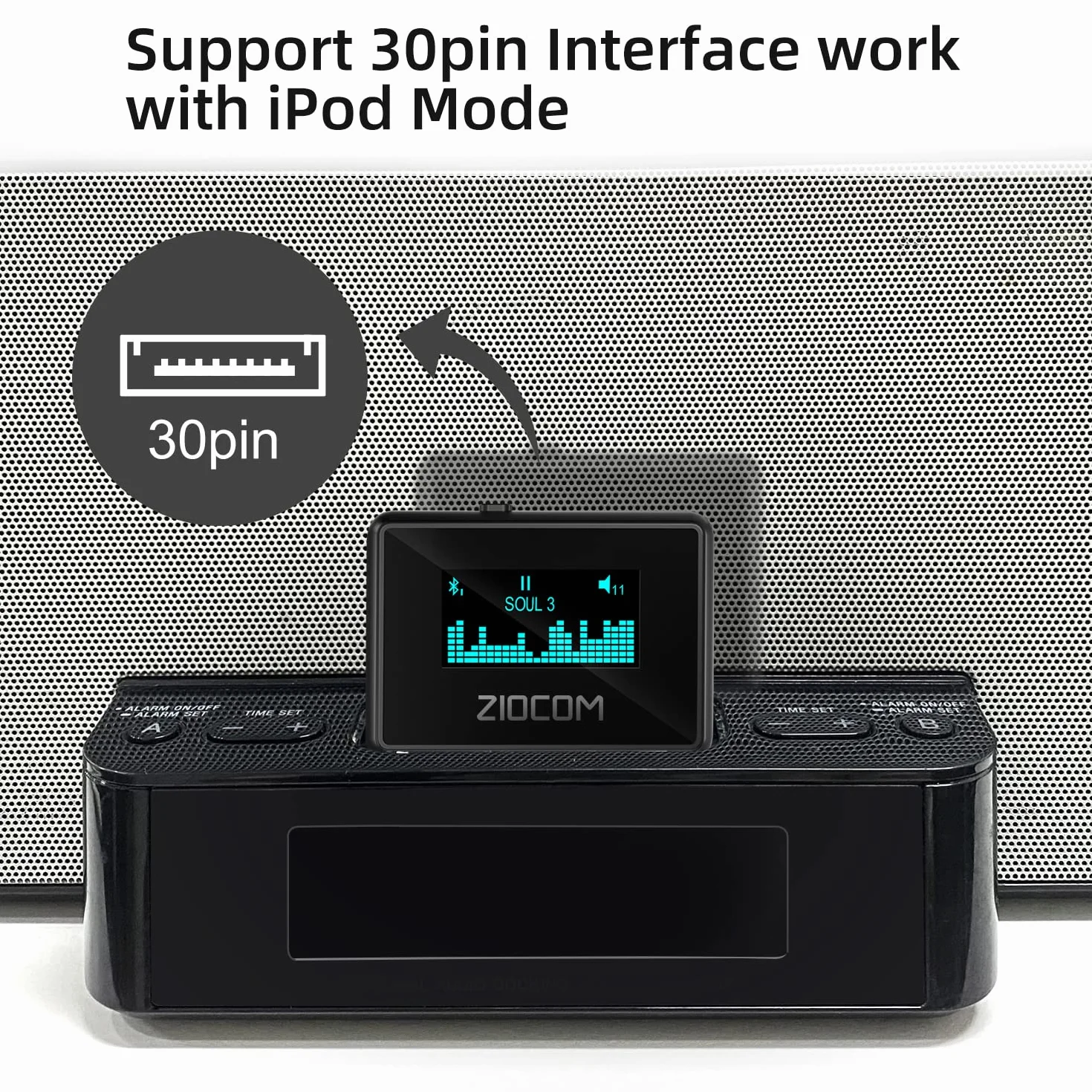 ZIOCOM Ricevitore Adattatore Bluetooth 30 Pin per iPod Bose SoundDock e Altri Altoparlanti Dock a 30 Pin, Schermo LCD Unico, Batteria Integrata, Supporta Simultaneamente 2 Dispositivi (Non per Auto)