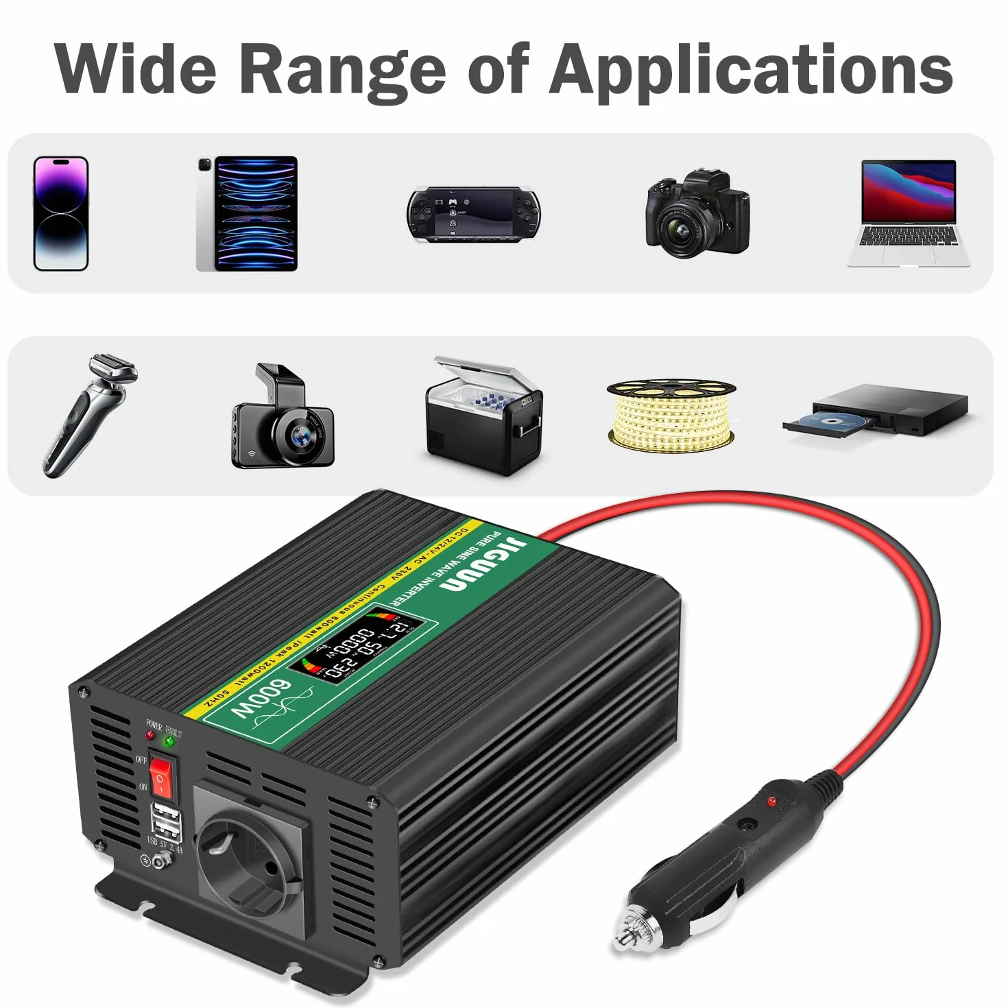 JIGUUN 600W inverter 12V/24V 220V onda pura Trasformatore con 1 prese EU e 2 porta USB 2.4A Telecomando senza fili e display LCD Potenza di picco 1200W per camion camper emergenza