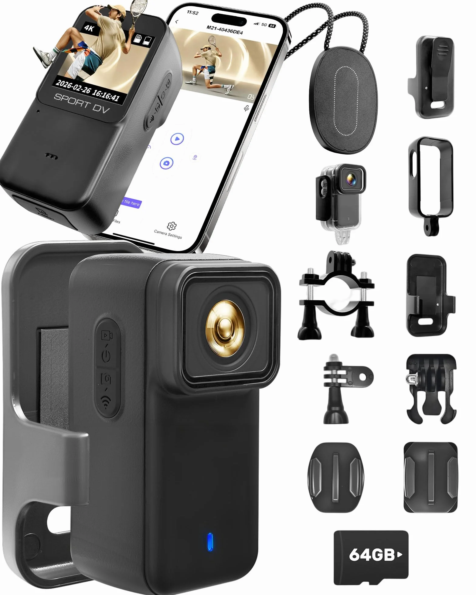 Action Cam 4K WiFi con Scheda TF 64GB, POV Camera con Cover Posteriore Magnetica, Body Cam Mini Impermeabile 30M, Telecamera per Casco Moto, Esterno e Vlog