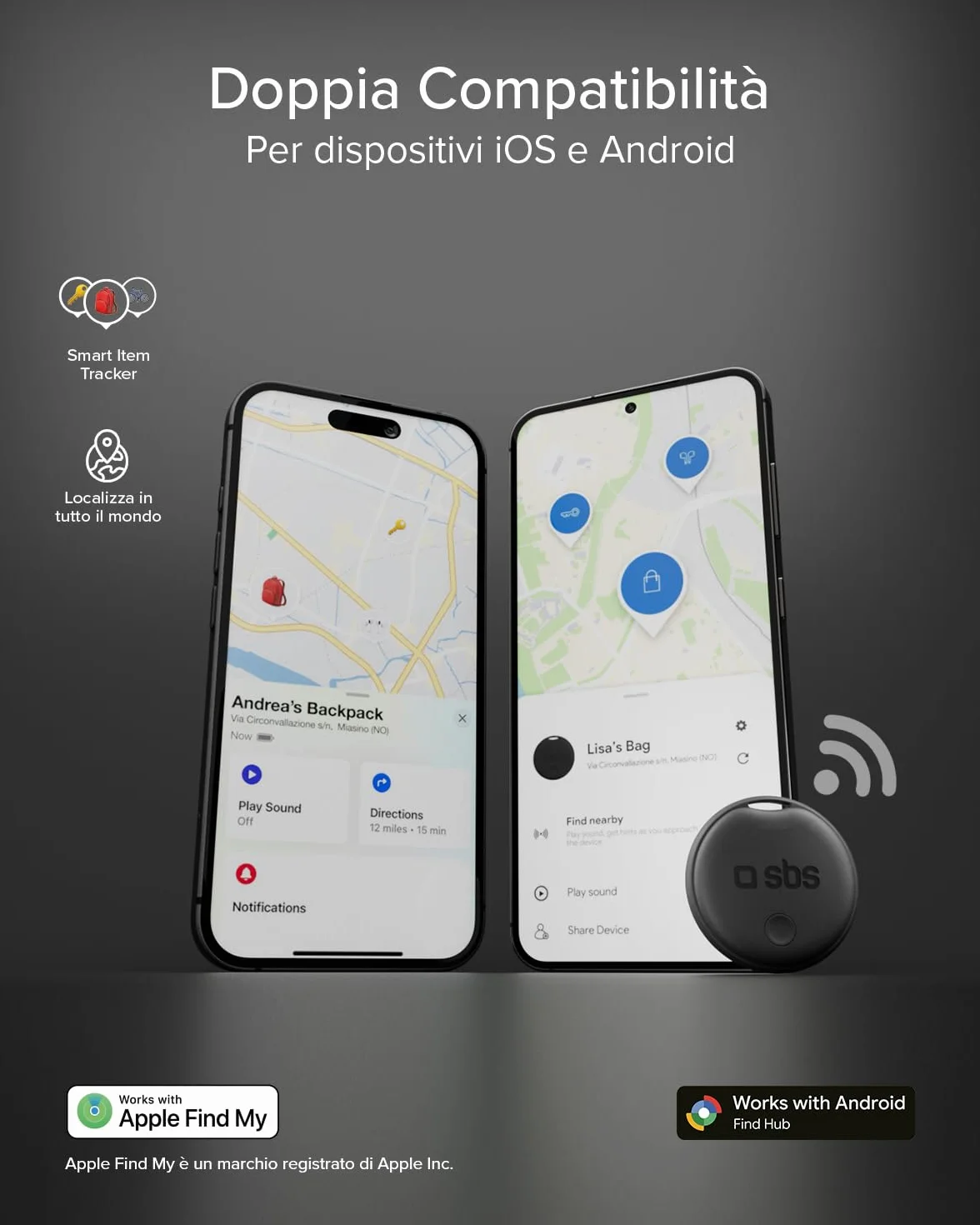 SBS Track My Dot Kit 4 Smart Tag Localizzatori Compatibili Apple Find My Google Find Hub Nero