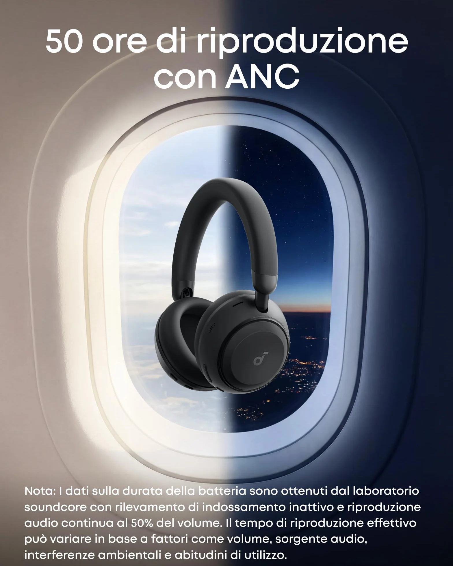 Soundcore Space 2 di Anker, Cuffie con cancellazione attiva del rumore, vestibilità comoda, 50 ore, audio wireless HD LDAC, 2 connessioni, chiamate nitide, BT 6.1, modalità Nap, rilevamento usura