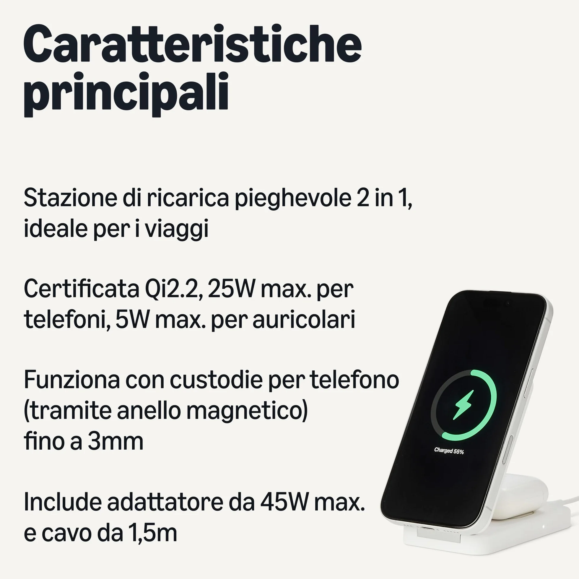 Amazon Basics - Stazione Ricarica Wireless 2in1 Certificata Qi2.2 Compatibile MagSafe, Ricarica Rapida 25W Max Supporto Pieghevole per iPhone 17/16/15/14/13/12, AirPods con Adattatore 45W Max Bianco