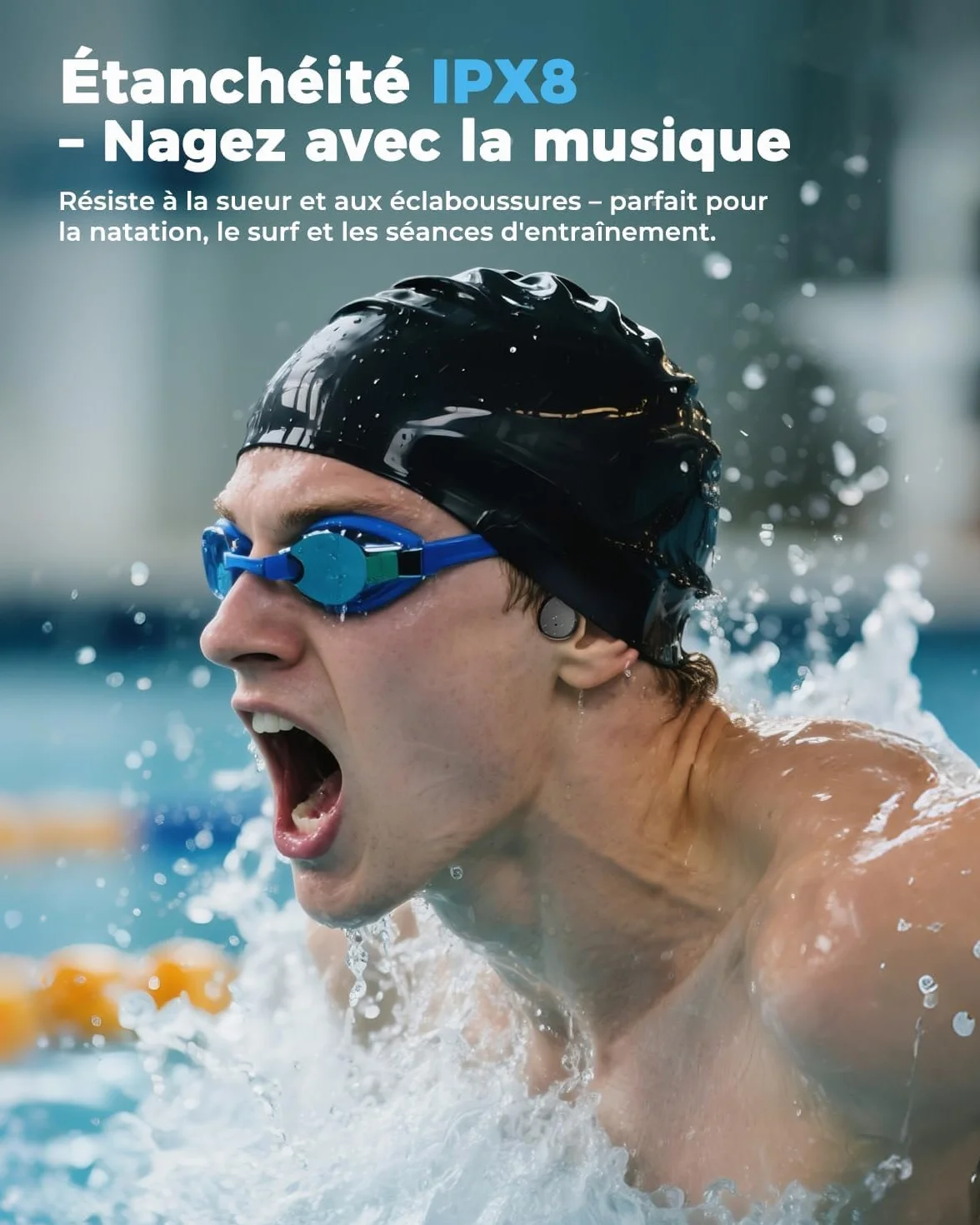 Cuffie a Conduzione Ossea, Cuffie per Nuoto, Memoria MP3 da 32GB, Cuffie Open-Ear Bluetooth 5.4, Impermeabilità IPX8, 10 Ore di Autonomia, Per Nuoto e Corsa