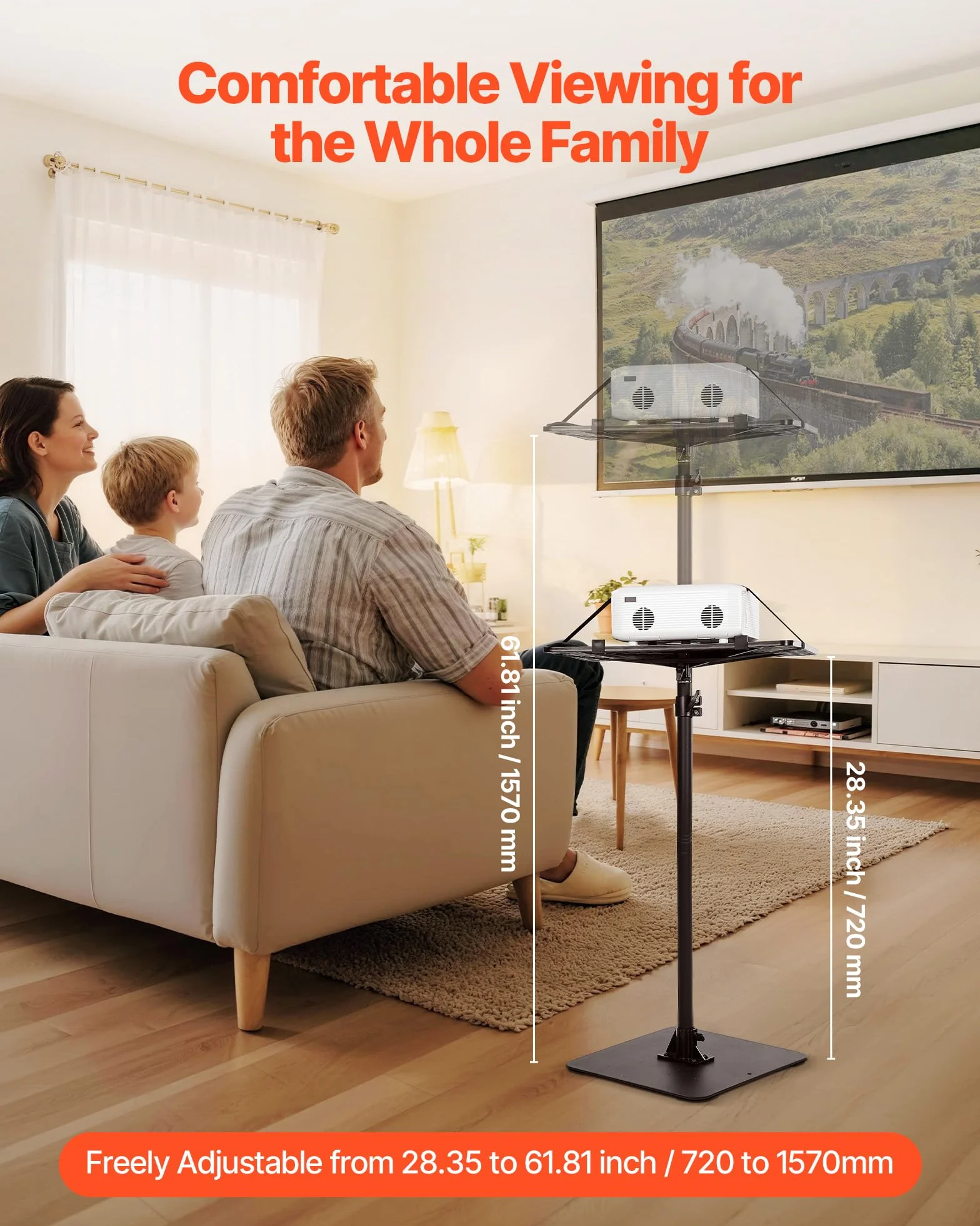 VEVOR Supporto per Proiettore Mobile da Terra da 30 x 40 x 157 cm, Altezza Regolabile da 72 a 157 cm, Supporto da Pavimento Girevole a 360° per Proiettori, Multifunzionale per Film all'Aperto