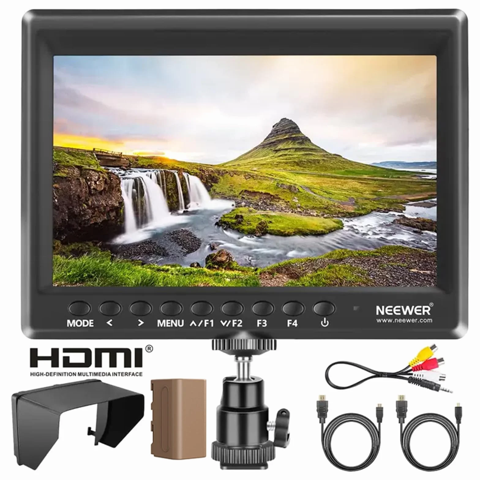 NEEWER F100 7" Monitor da Campo per Fotocamera HD Video Assist IPS 1280x800 HDMI 1080p con Batteria F750 4400mAh, Parasole e Testa Sfera 360° per DSLR Camera, Stabilizzatore Portatile, Rig Video Film