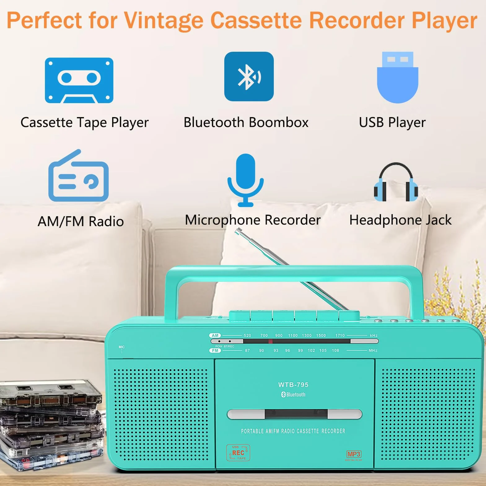 Lettore Audio Cassette Portatile USB Bluetooth Radio Stereo AM FM Registratore Microfono Convertitore MP3 Jack Auricolare Verde