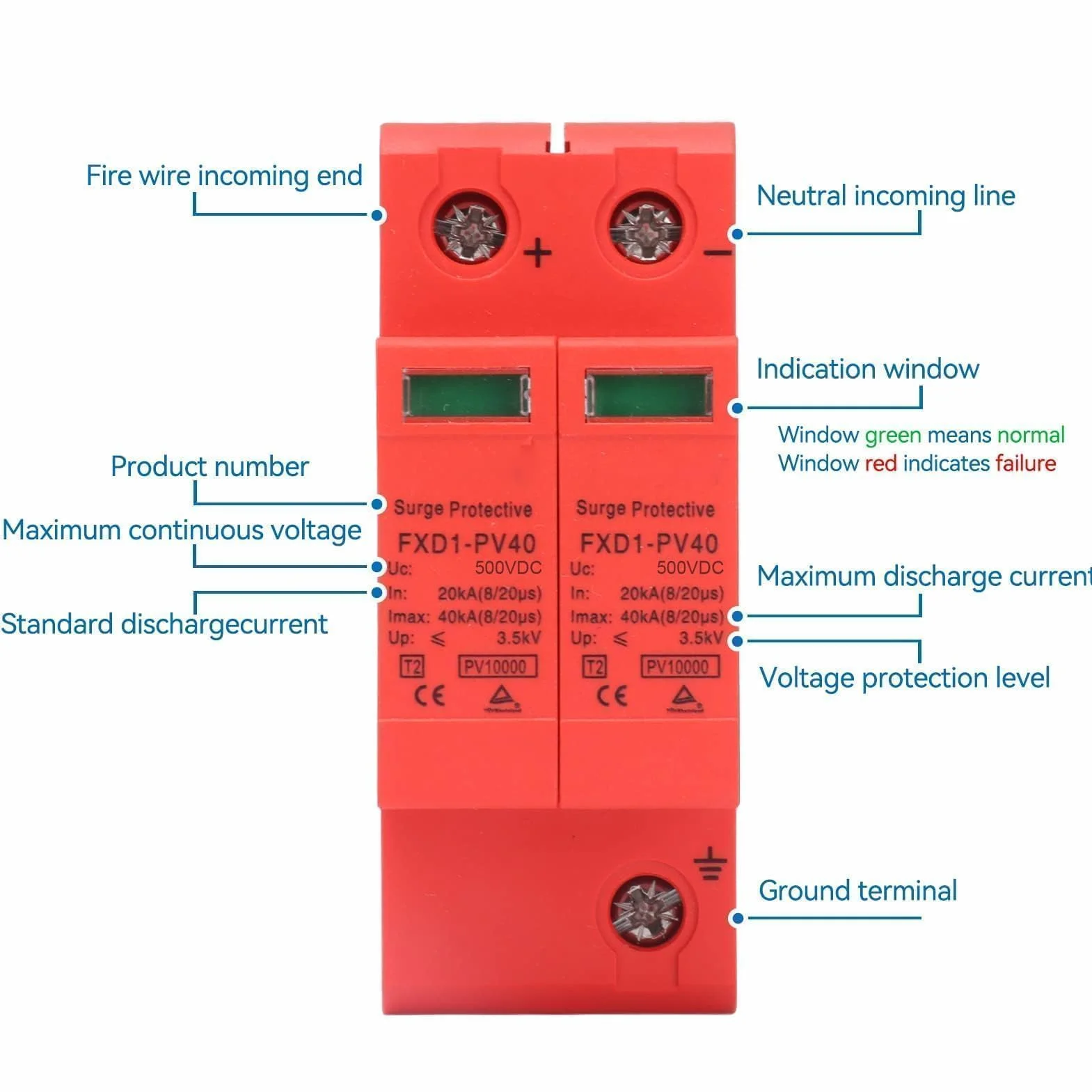 Agatige FXD1-PV40 Scaricatore Fotovoltaico 2P 40kA DC 500V Protezione Sovratensioni Ignifugo