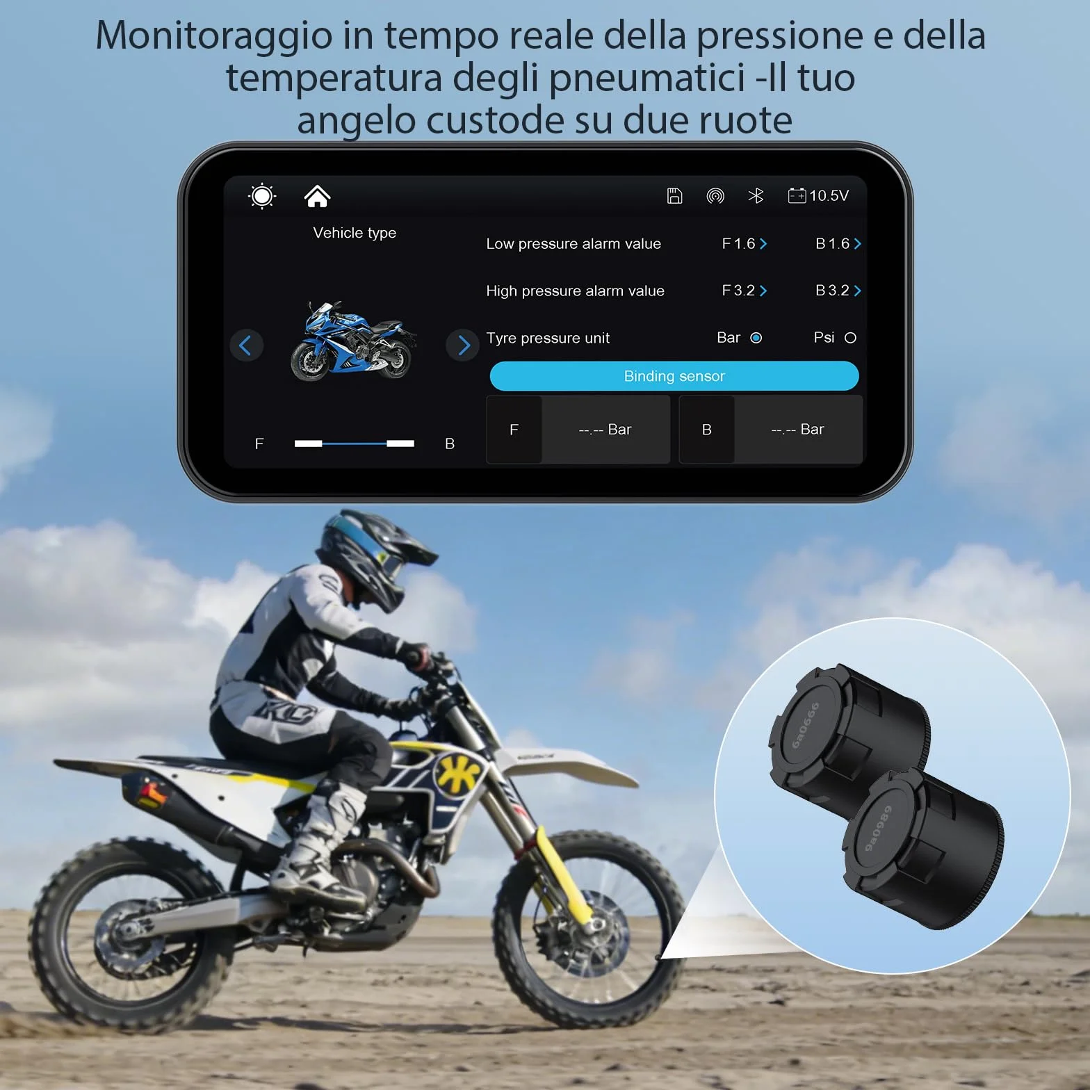 A622 CarPlay Moto Schermo 6,25 Pollici, CarPlay e Android Auto Wireless, Sistema di Monitoraggio Pressione Pneumatici (TPMS), Impermeabilità IP67, Doppio Bluetooth, GPS, Alimentazione USB/ACC