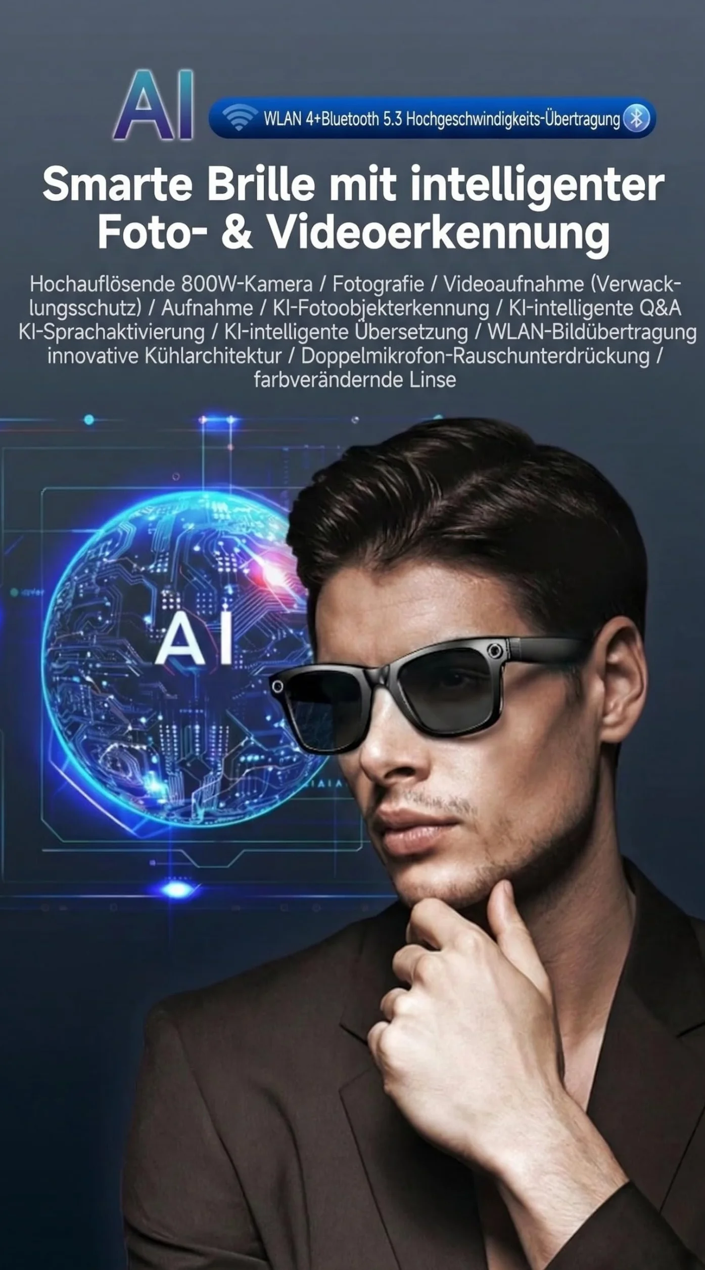 Smart Glasses con AI & Bluetooth, assistente vocale ChatGPT, protezione UV, Wi-Fi, traduzione in tempo reale in 89 lingue, fotocamera 2K, audio aperto, IP65 impermeabile, identificazione degli oggetti