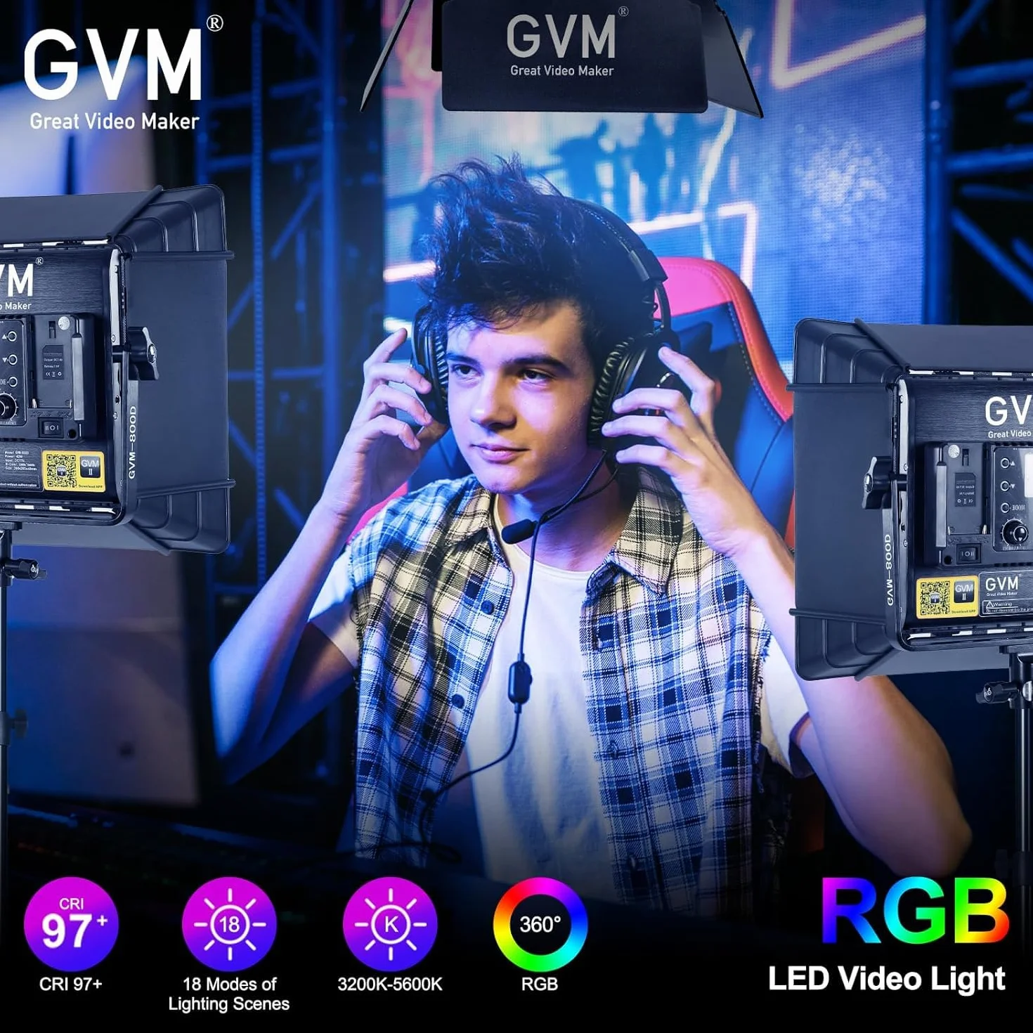 GVM - Luce video a LED con treppiede, controllo APP, 800 D, luce video RGB, luce continua a LED, illuminazione video a LED, illuminazione per YouTube Fotografia, set da studio di videoconferenze, 8
