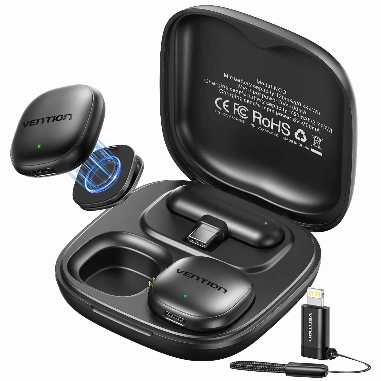 VENTION Mini Microfono Wireless per iPhone 17/16/15 Pro Max, [Plug and Play] USB-C Bluetooth Lavalier Microfono per Android,Dotato di custodia di ricarica da 24 ore per Registrazioni Video,Vlogging