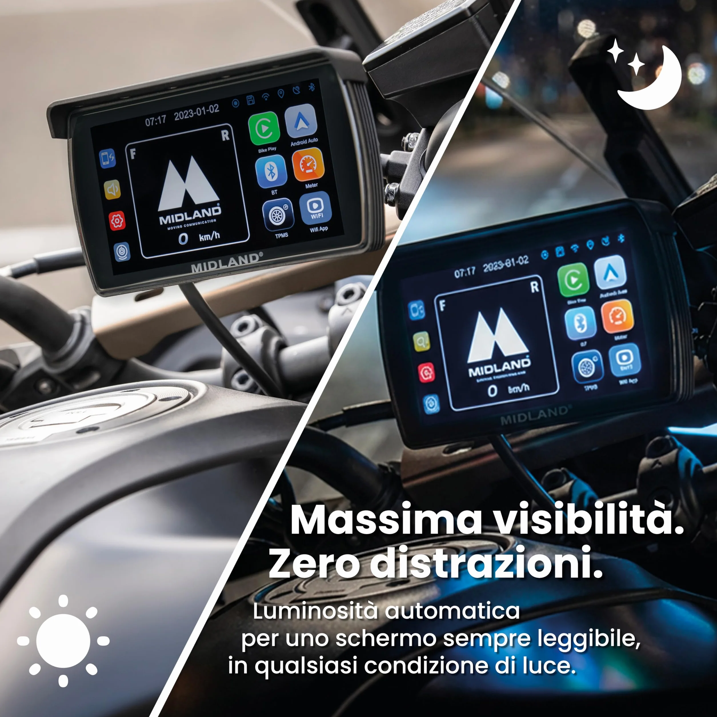 Midland - Bike Play Pro, Accessori Moto con Compatibilità Bluetooth Android Auto - Navigatore Moto con Mirroring, Touchscreen 5.5" Anche con Guanti e Comandi Vocali, Accessorio Retroilluminato