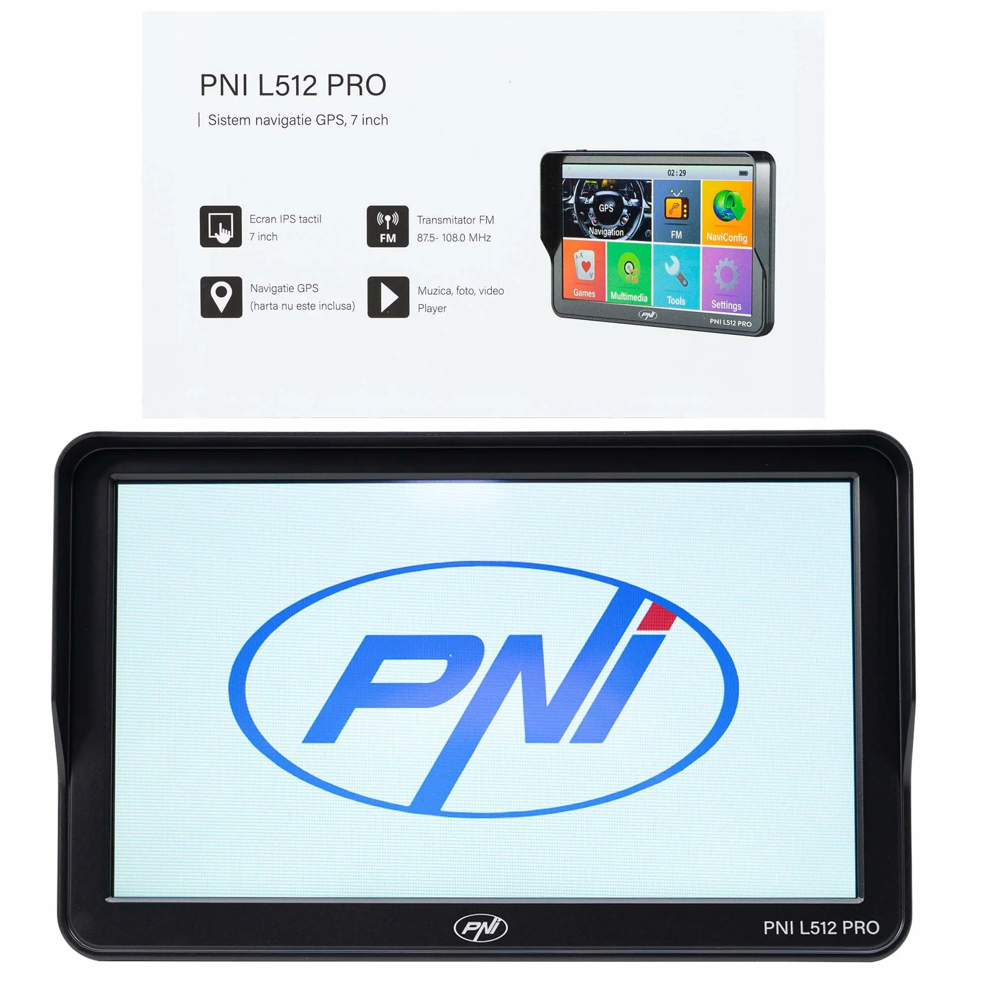 Sistema di navigazione GPS PNI L512 Pro con parasole, 7 pollici, 800 MHz, 512 MB DDR, 16 GB di memoria interna, trasmettitore FM