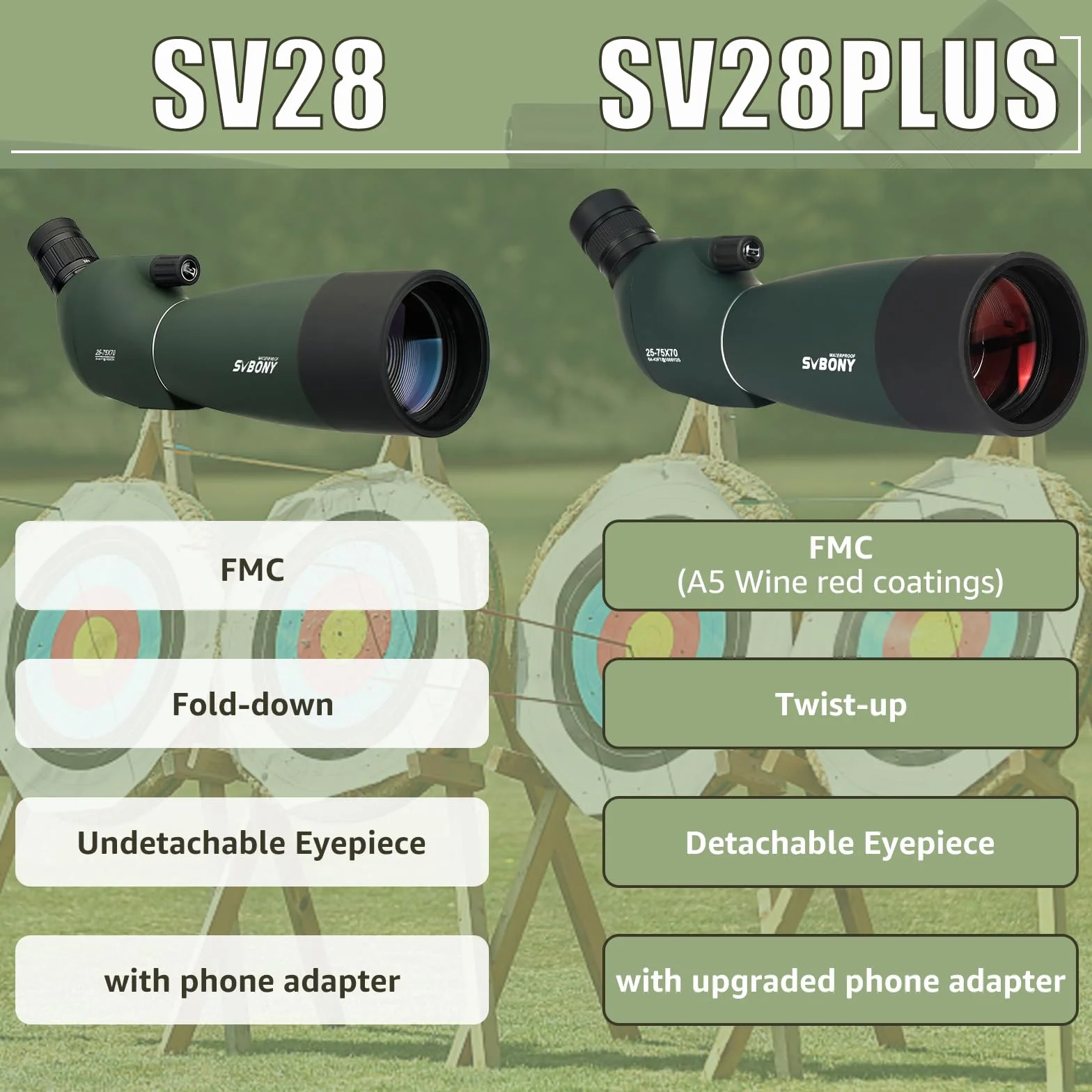 Svbony SV28PLUS Cannocchiale, con Treppiede, 25-75x70mm HD BAK4, A5 Rosso Vino FMC Impermeabile,Cannocchiale Terrestre con Adattatore Telefono Borsa, per Tiro a Segno Tiro, con l'arco Birdwatching