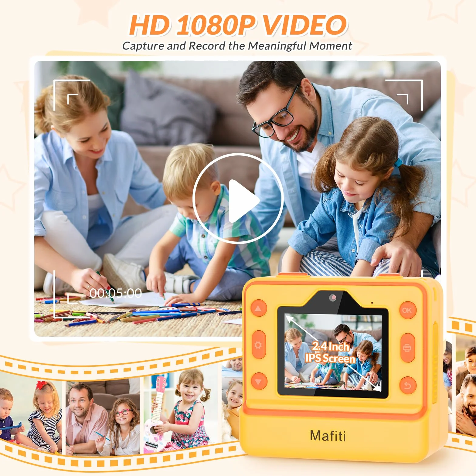 Mafiti Kids Camera Instant Print, Fotocamera istantanea 1080P per bambini, Fotocamera digitale selfie con display da