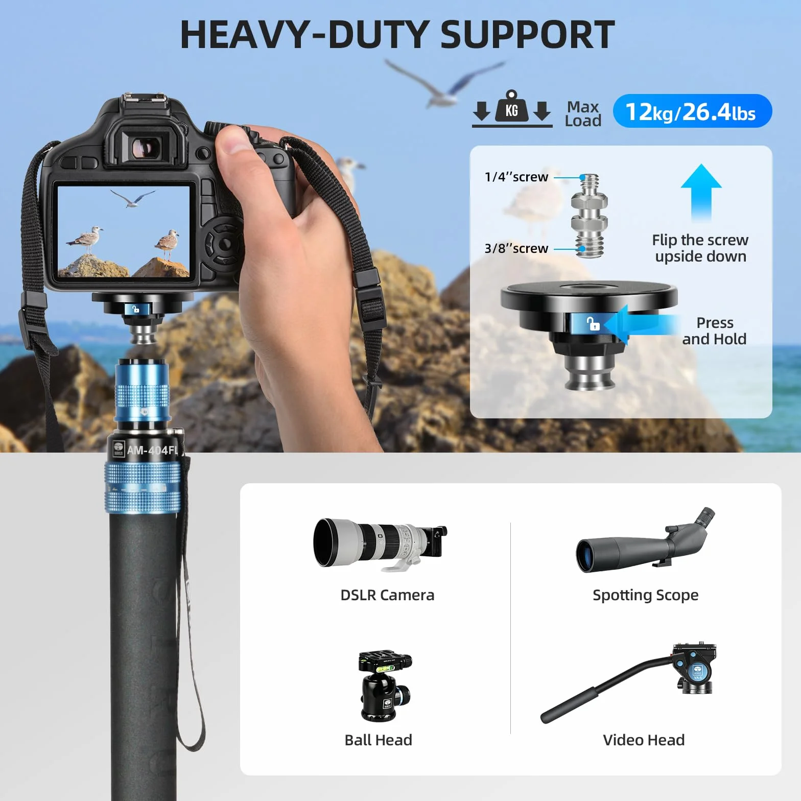 SIRUI AM-404FL Monopiede Video, 190cm Monopiede Fotografico Professionale con Base, Portatile Monopiedes da Viaggio in Alluminio a 4-Sezioni per Fotocamera Reflex, Videocamera, Carico Massimo 12KG