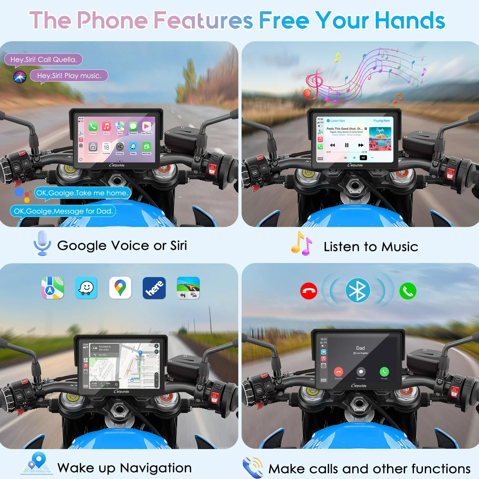 Carpuride W502PRO per CarPlay per Moto e Android Auto e Doppio Bluetooth - Navigazione GPS Impermeabile da 5 pollici per Moto, Condivisione di Musica, Interfono, EQ, Sensore di Luce, Bussola, Barometr