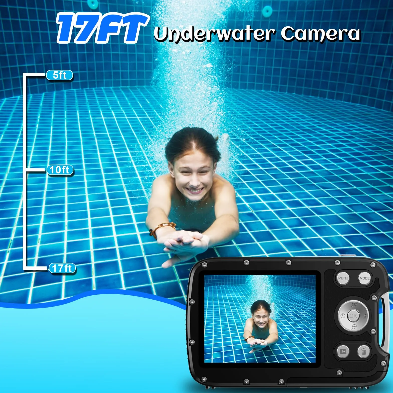 Fotocamera subacquea, 4K 48 MP, fotocamera impermeabile per snorkeling, fotocamera digitale a doppio schermo con messa a fuoco automatica con scheda da 32 GB, zoom 18x, fotocamera compatta