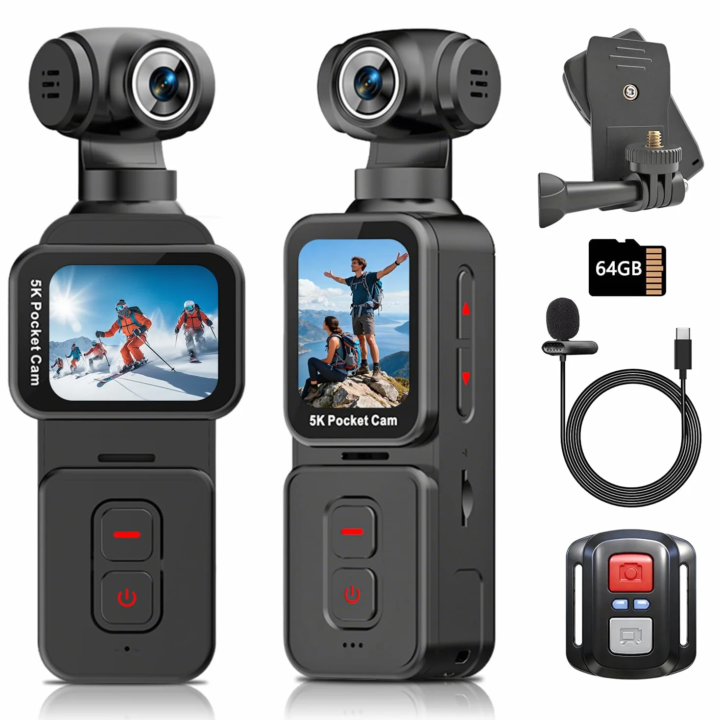 5K Bodycam, Mini Action Cam per Vlog POV, Obiettivo Rotante Elettrico, Tracciamento del Volto, Videocamera Portatile con Microfono Esterno, Clip e Scheda TF da 64 GB