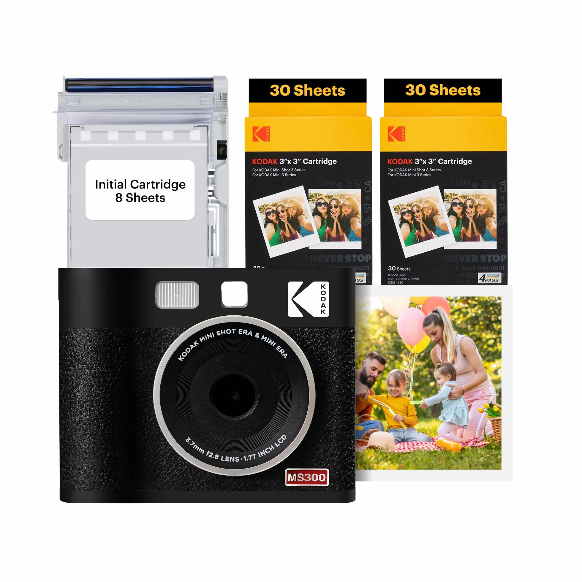 KODAK Mini Shot 3 Era 4PASS 2-in-1 Fotocamera Istantanea & Stampante Fotografica (7.6x7.6cm) (Fotocamera Istantanea + 8 Fogli inclusi + Pacchetto con 60 Fogli, Nero)