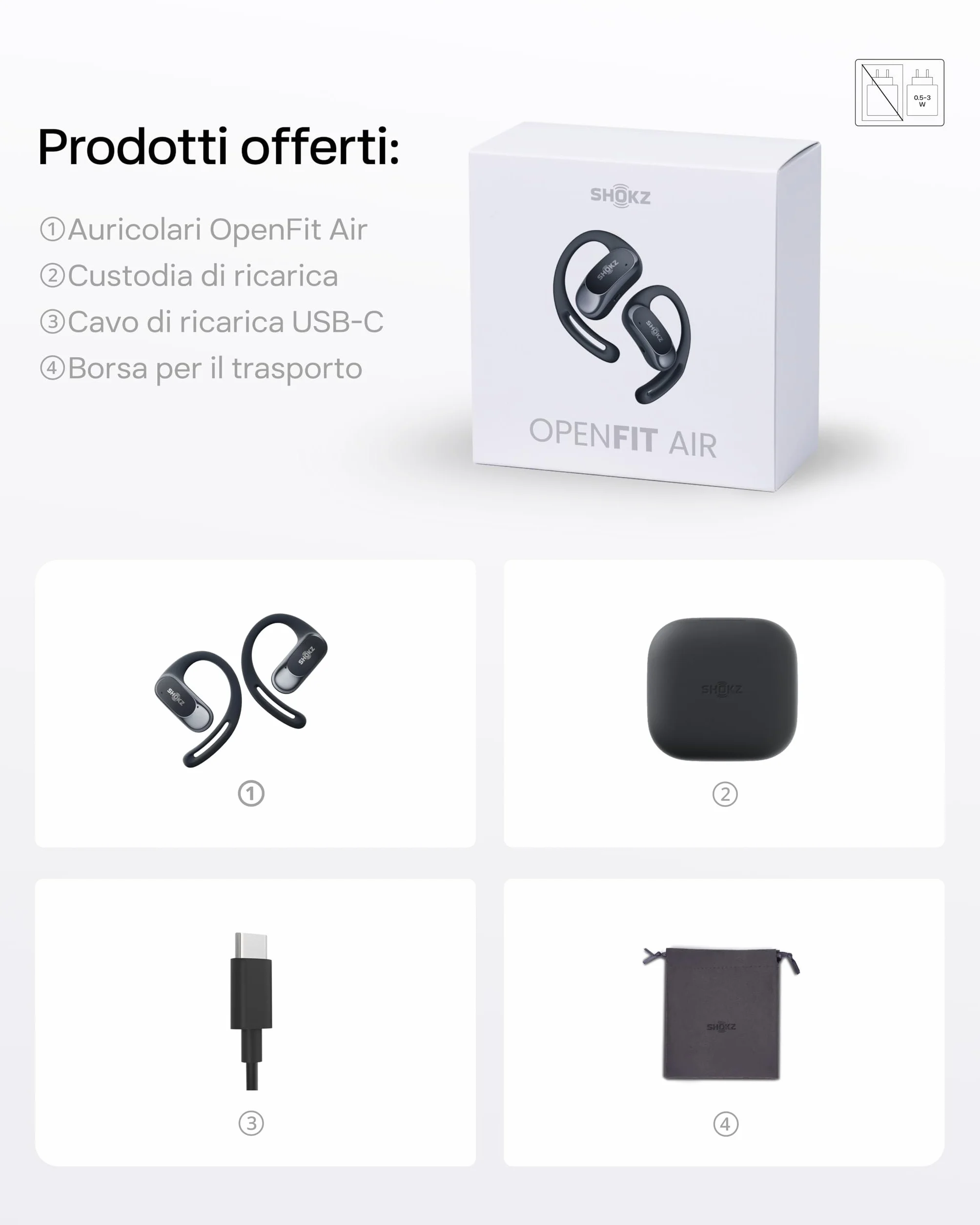 SHOKZ Cuffie Open-Ear OpenFit Air, auricolari Bluetooth wireless con microfono, con gancio auricolare Air, ricarica rapida, 28 ore di riproduzione, resistenza all'acqua IP54 per l'allenamento, Nero
