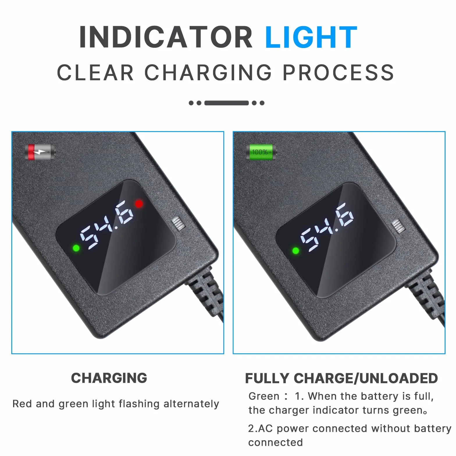 Caricabatterie da 54,6 2 A per scooter elettrico, 48 V, 13 s, batteria agli ioni di litio a 1 foro, spina da 5,5 x 2,1 mm, alimentatore di rete da 48 V con ventola integrata, con display per la
