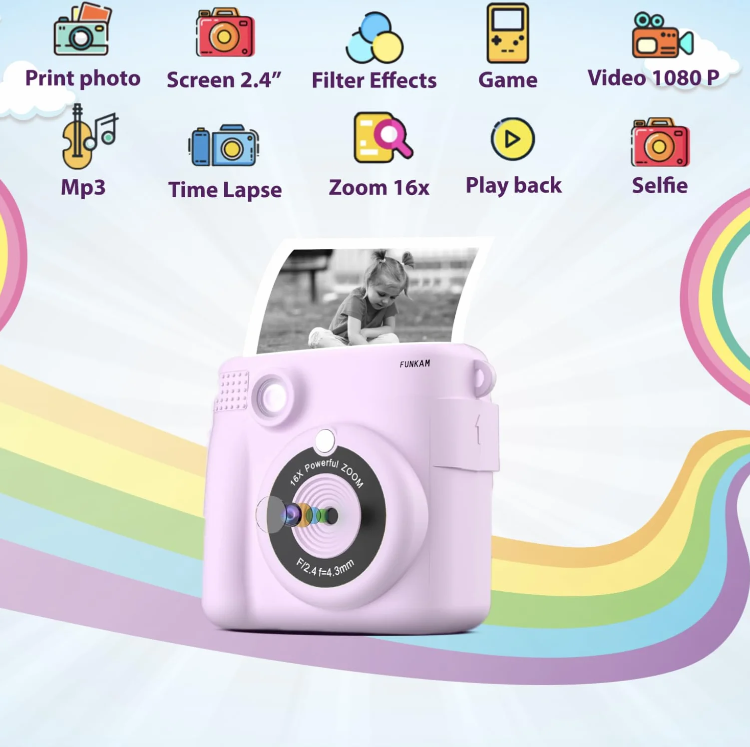 Macchina Fotografica Bambini Istantanea, 2,4" HD 1080P con scheda SD 32GB, 5 pennarelli, adesivi, 5 rotoli di carta, ciondolo. Fotocamera Bambini e ragazze dai 3 ai 14 anni. (Viola)