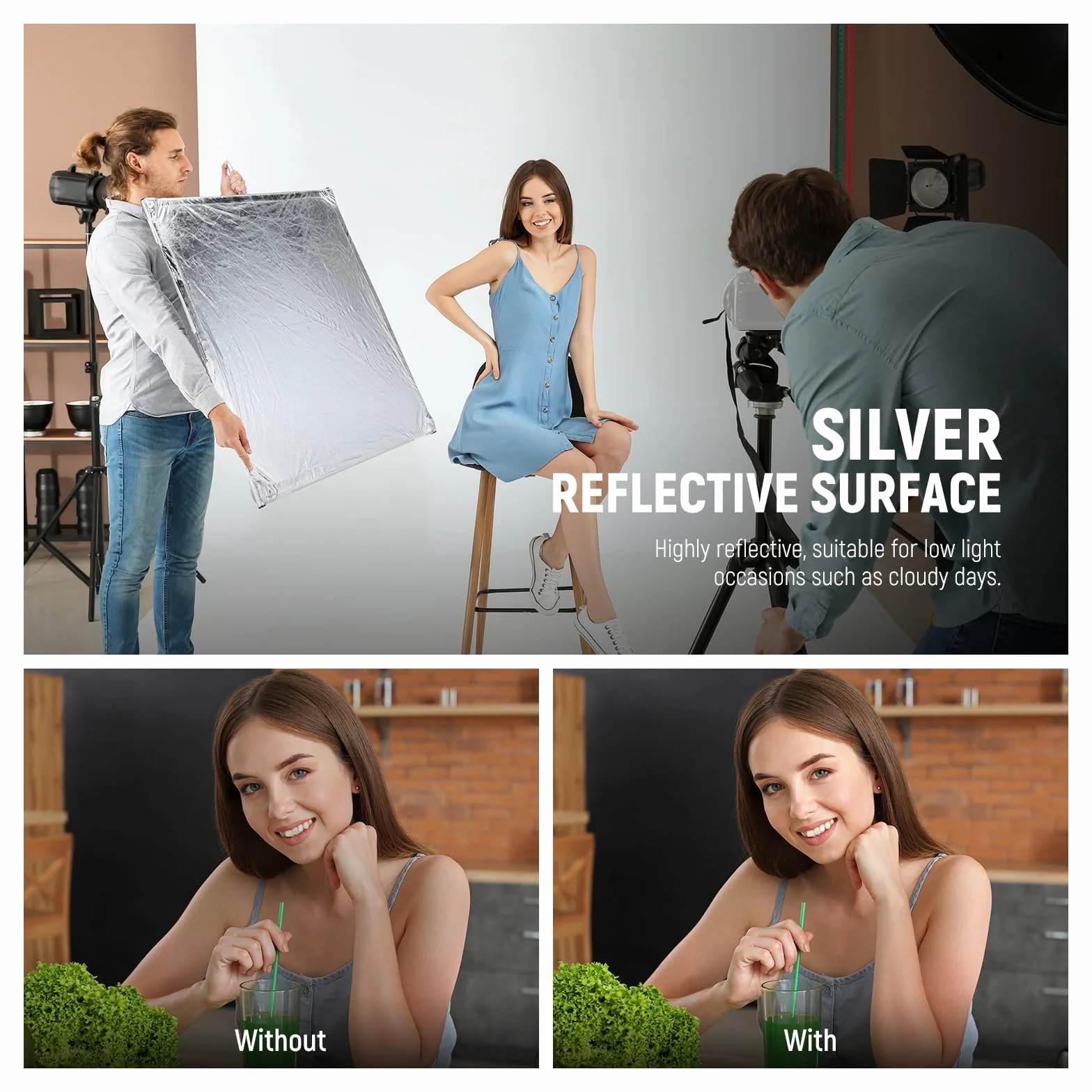 NEEWER Kit di Pannello Diffusore di Luce Scrim con Pellicola Riflettente Argenta/Bianca, Telaio Pieghevole da 35"x35" con Maniglie Baby Pin 5/8" per Stativo C Diffusore 3 in 1 per Fotografia, SF9090F